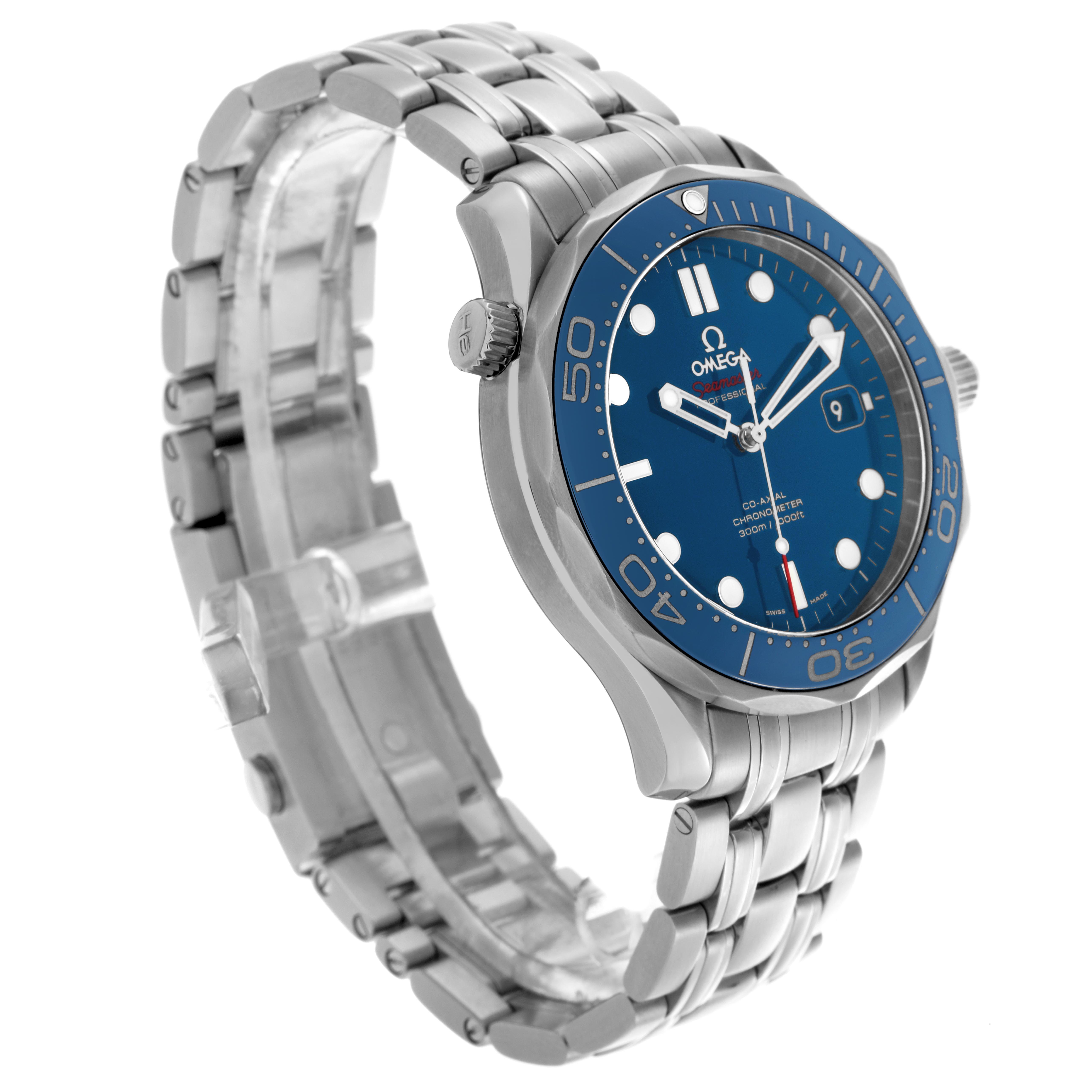 The Omega Seamaster 212.30.41.20.03.001 Men
s Stainless Steel Blue Dial 212.30.41.20.03.001 Men
s Stainless Steel Blue Dial watch is shown at a 3/4 angle, displaying its face, bracelet, and crown side.