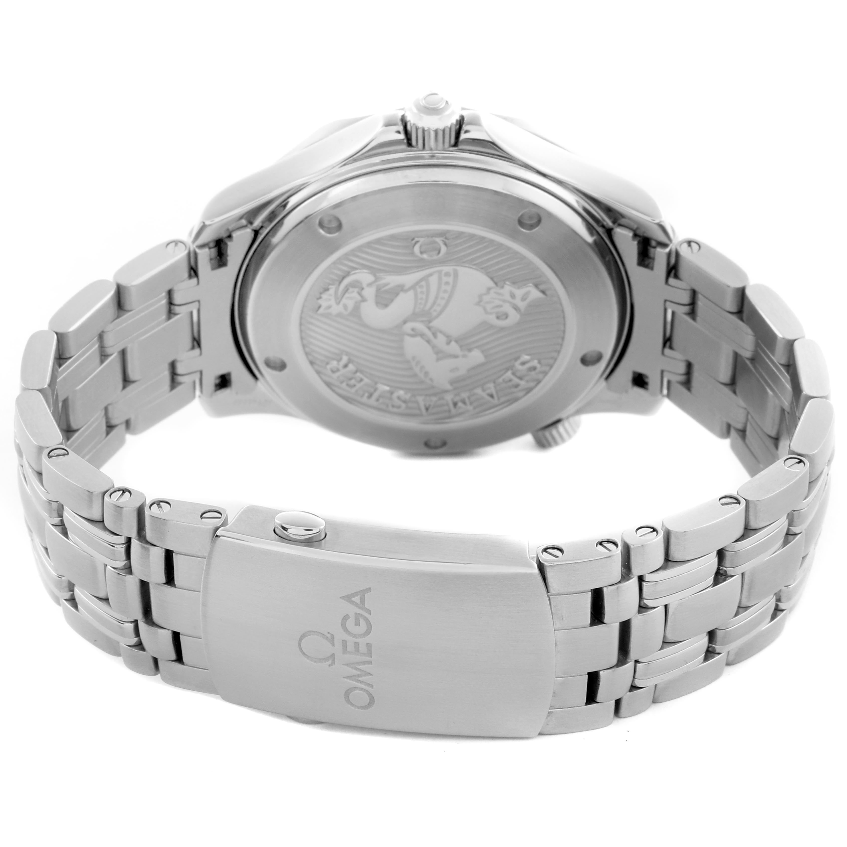 The image shows the back of the Omega Seamaster 212.30.41.20.03.001 Men
s Stainless Steel Blue Dial 212.30.41.20.03.001 Men
s Stainless Steel Blue Dial watch, focusing on the case back and stainless steel bracelet with the Omega logo.