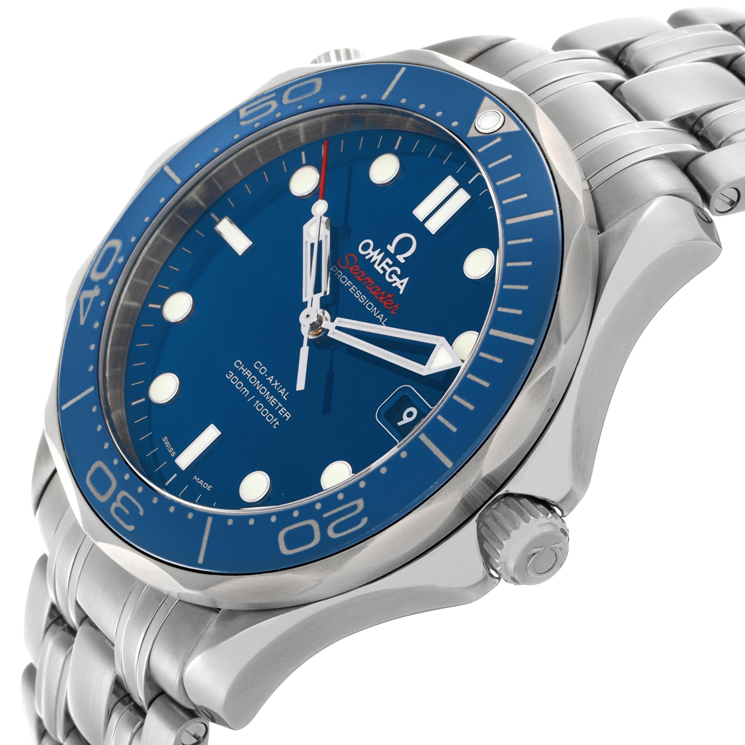 The Omega Seamaster 212.30.41.20.03.001 Men
s Stainless Steel Blue Dial 212.30.41.20.03.001 Men
s Stainless Steel Blue Dial watch is shown at an angle highlighting the blue dial, bezel, crown, and bracelet.