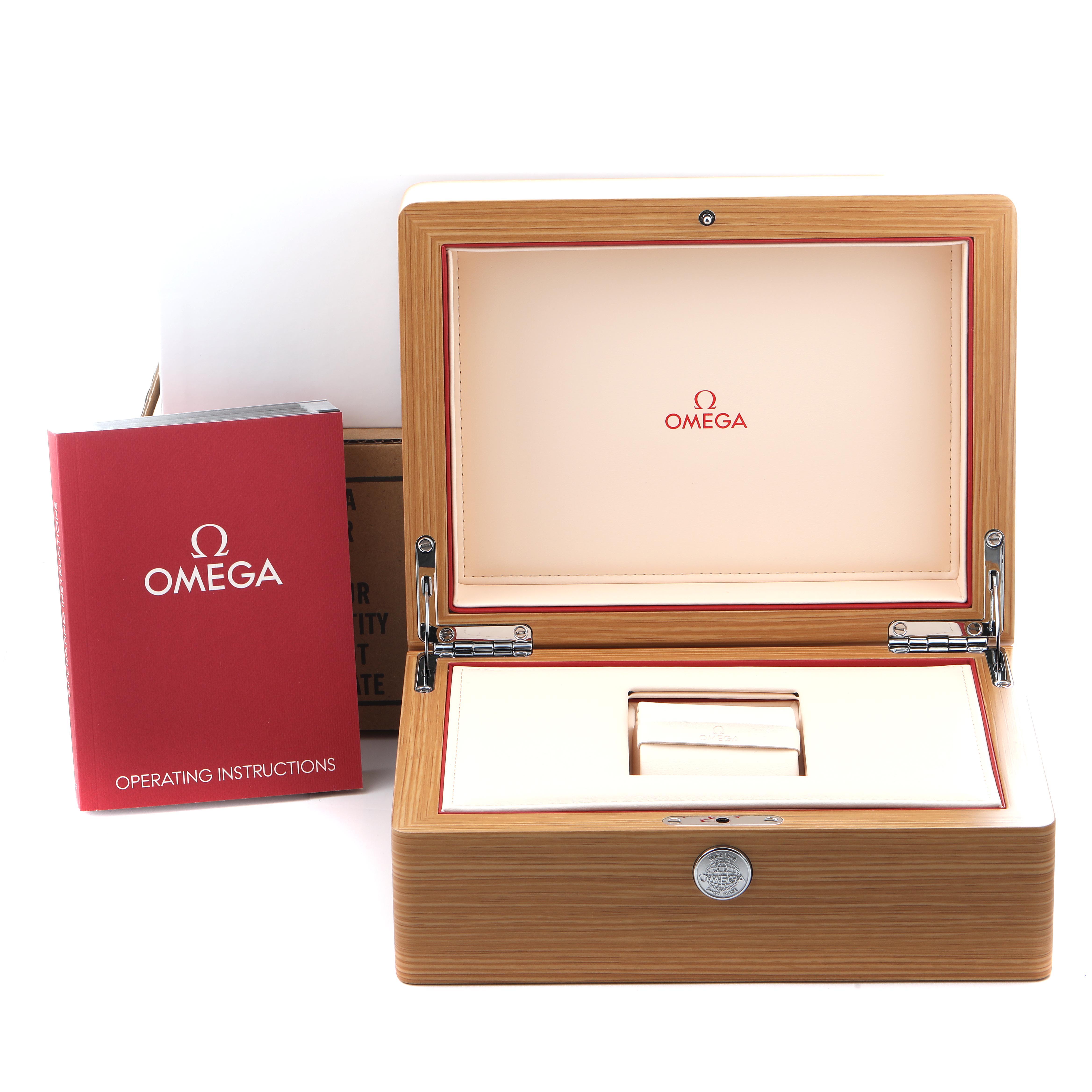 The image shows an Omega Seamaster 212.30.41.20.03.001 Men
s Stainless Steel Blue Dial 212.30.41.20.03.001 Men
s Stainless Steel Blue Dial watch box and manual, viewed from the front with the box open.