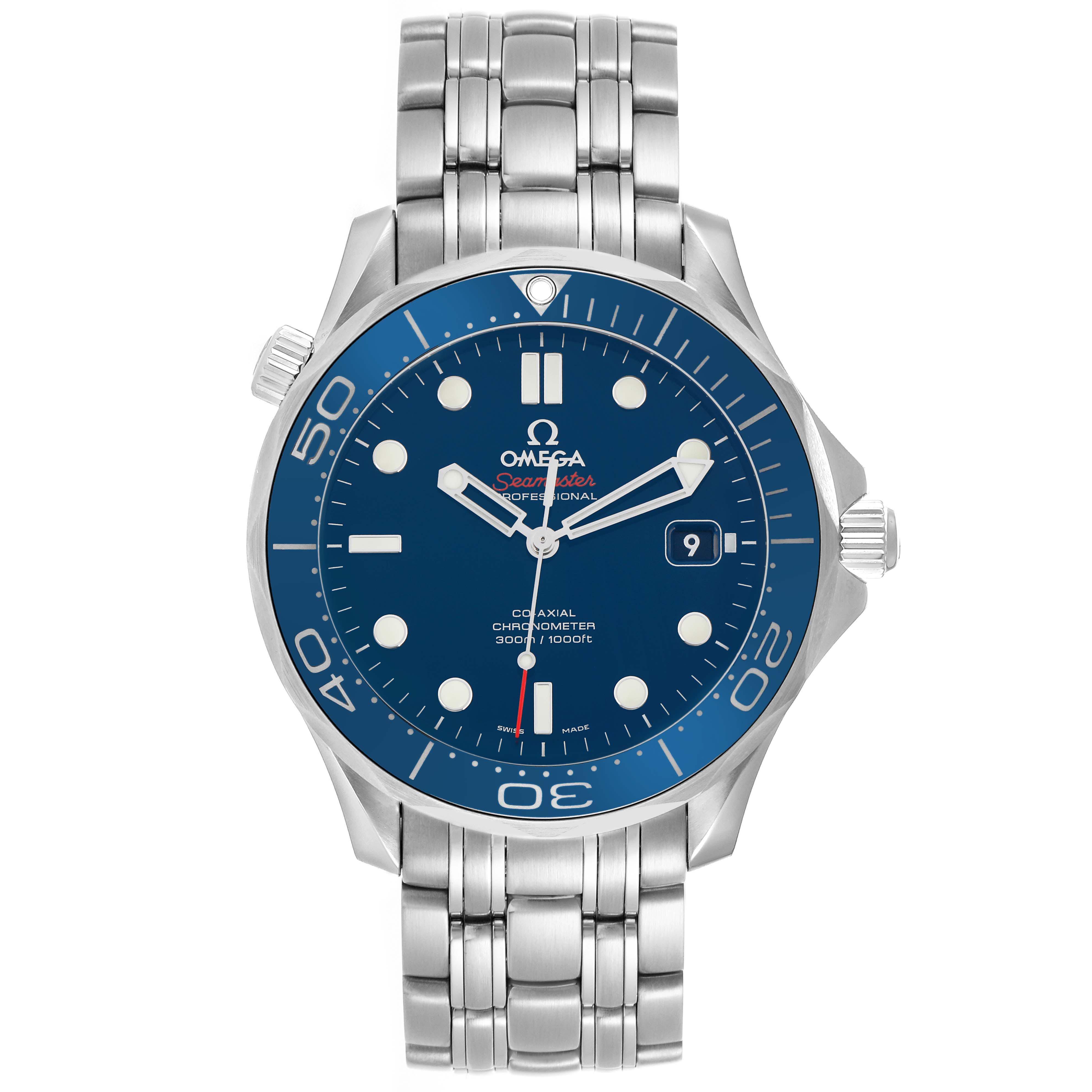 The Omega Seamaster 212.30.41.20.03.001 Men
s Stainless Steel Blue Dial 212.30.41.20.03.001 Men
s Stainless Steel Blue Dial watch is shown from the front, displaying the dial, bezel, crown, and metal bracelet.