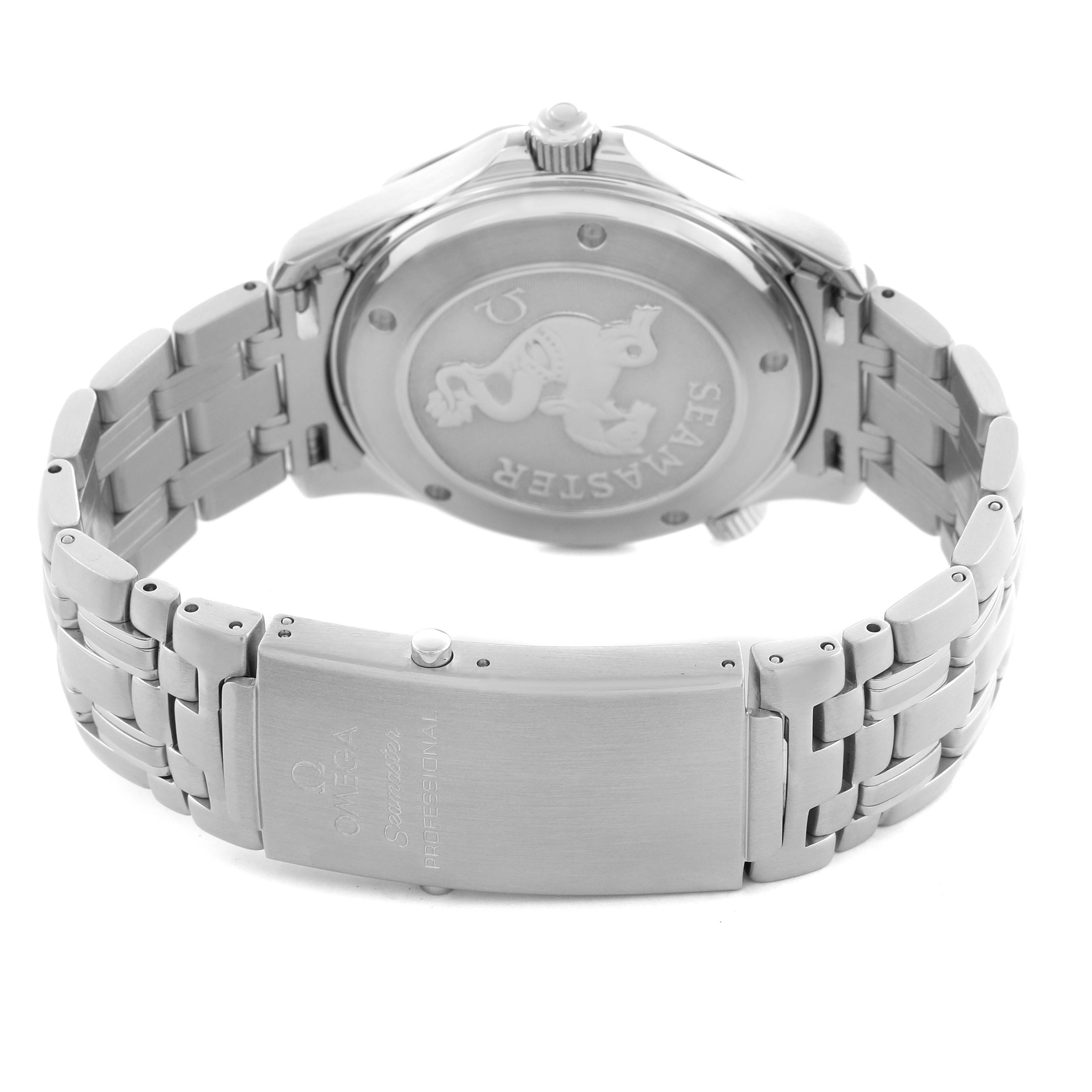 The image shows the back case and clasp of an Omega Seamaster 2220.80.00 Men
s Stainless Steel Blue Dial 2220.80.00 Men
s Stainless Steel Blue Dial watch, highlighting the bracelet and embossed caseback.