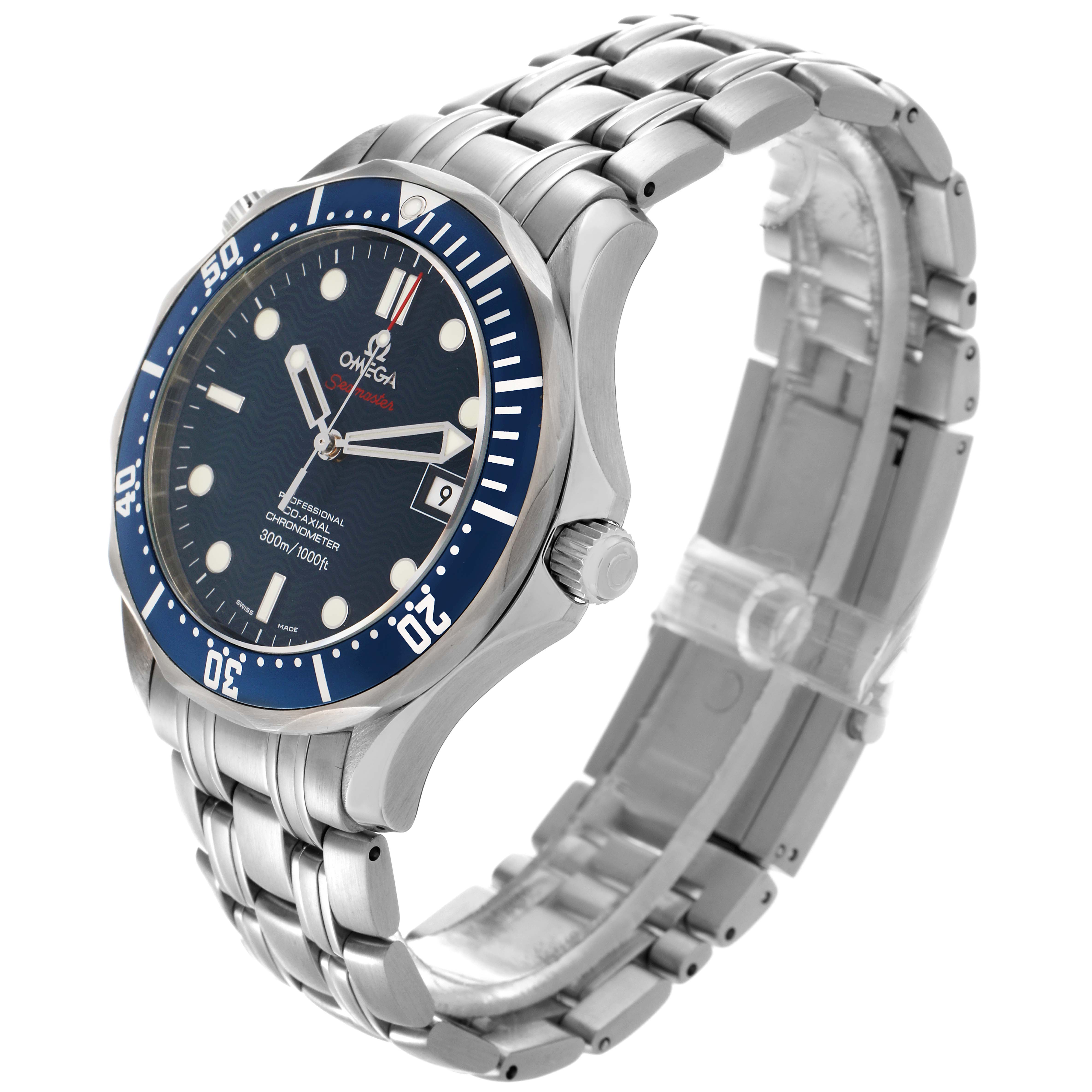 The Omega Seamaster 2220.80.00 Men
s Stainless Steel Blue Dial 2220.80.00 Men
s Stainless Steel Blue Dial watch is shown from a three-quarter angle displaying the face, bezel, crown, and metal bracelet.