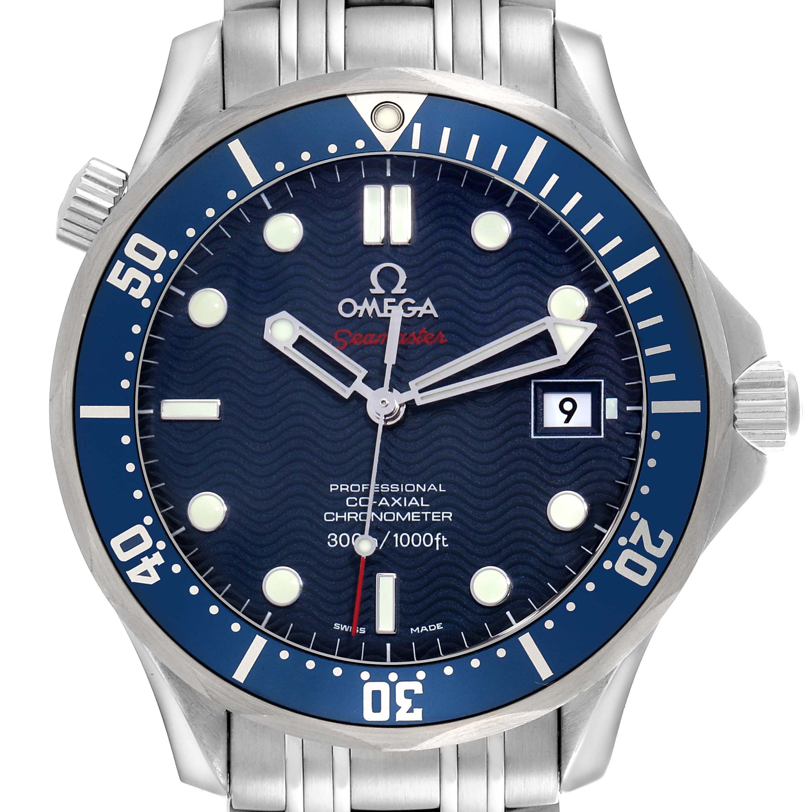 The image shows a front view of an Omega Seamaster 2220.80.00 Men
s Stainless Steel Blue Dial 2220.80.00 Men
s Stainless Steel Blue Dial watch, highlighting the dial, bezel, and part of the bracelet.