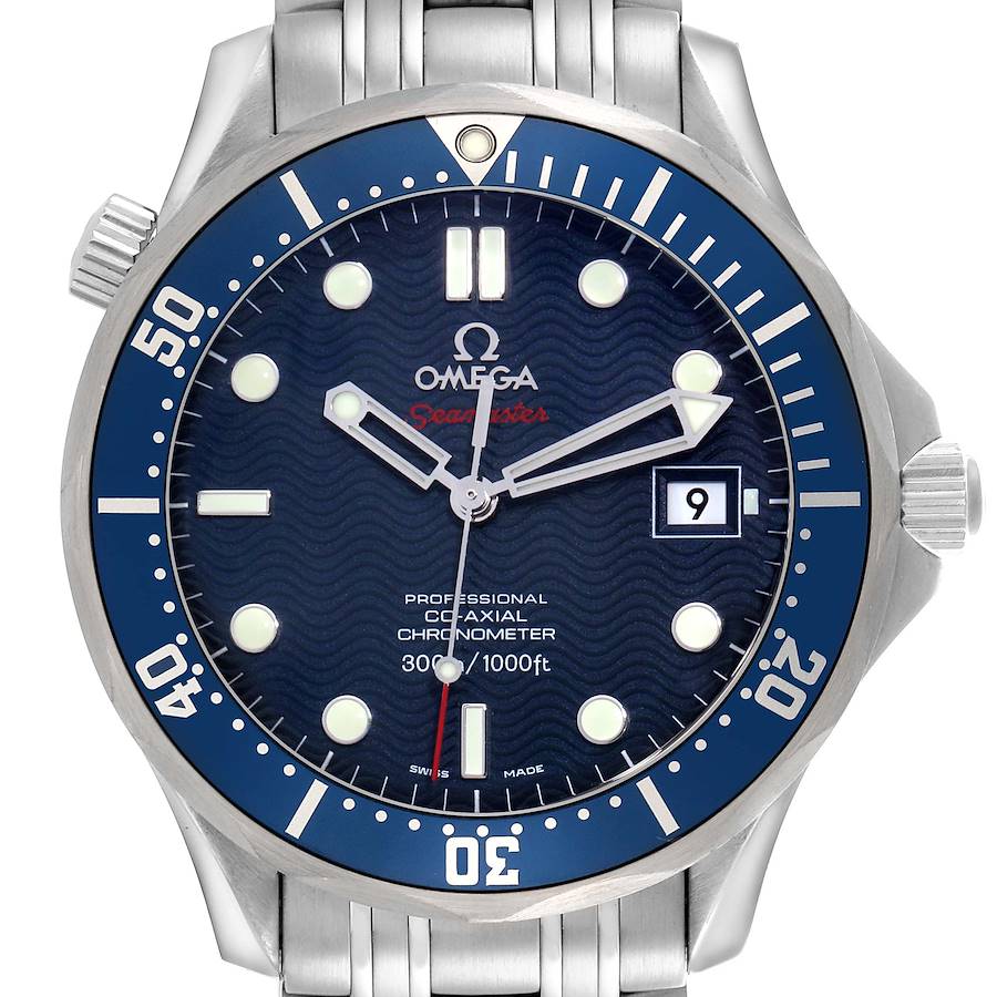 The image shows a front view of an Omega Seamaster watch, highlighting the dial, bezel, and part of the bracelet.