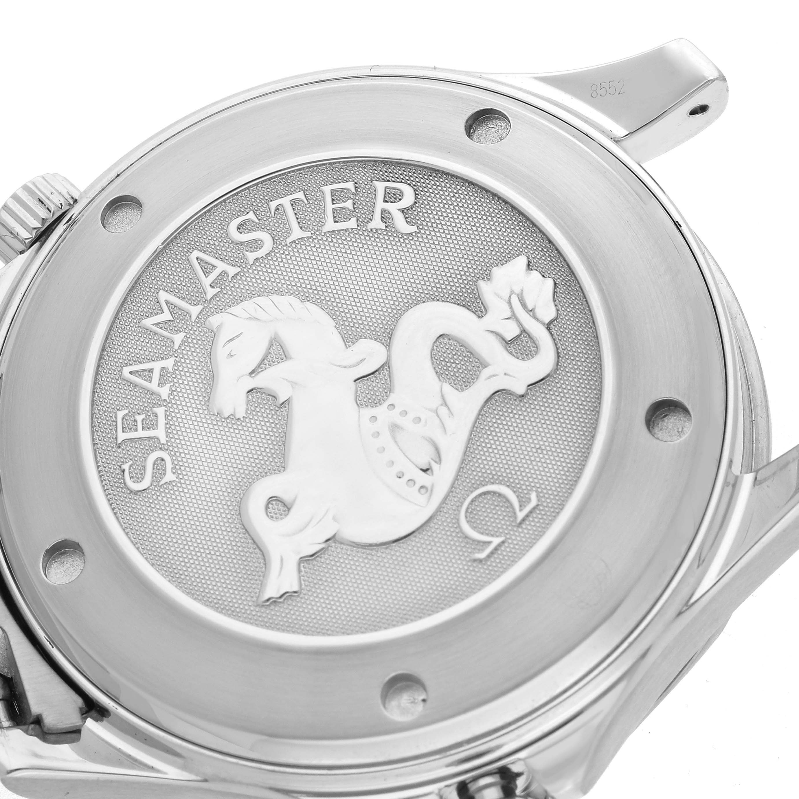 The image shows the case back of an Omega Seamaster 2220.80.00 Men
s Stainless Steel Blue Dial 2220.80.00 Men
s Stainless Steel Blue Dial watch with the logo and emblem in focus.