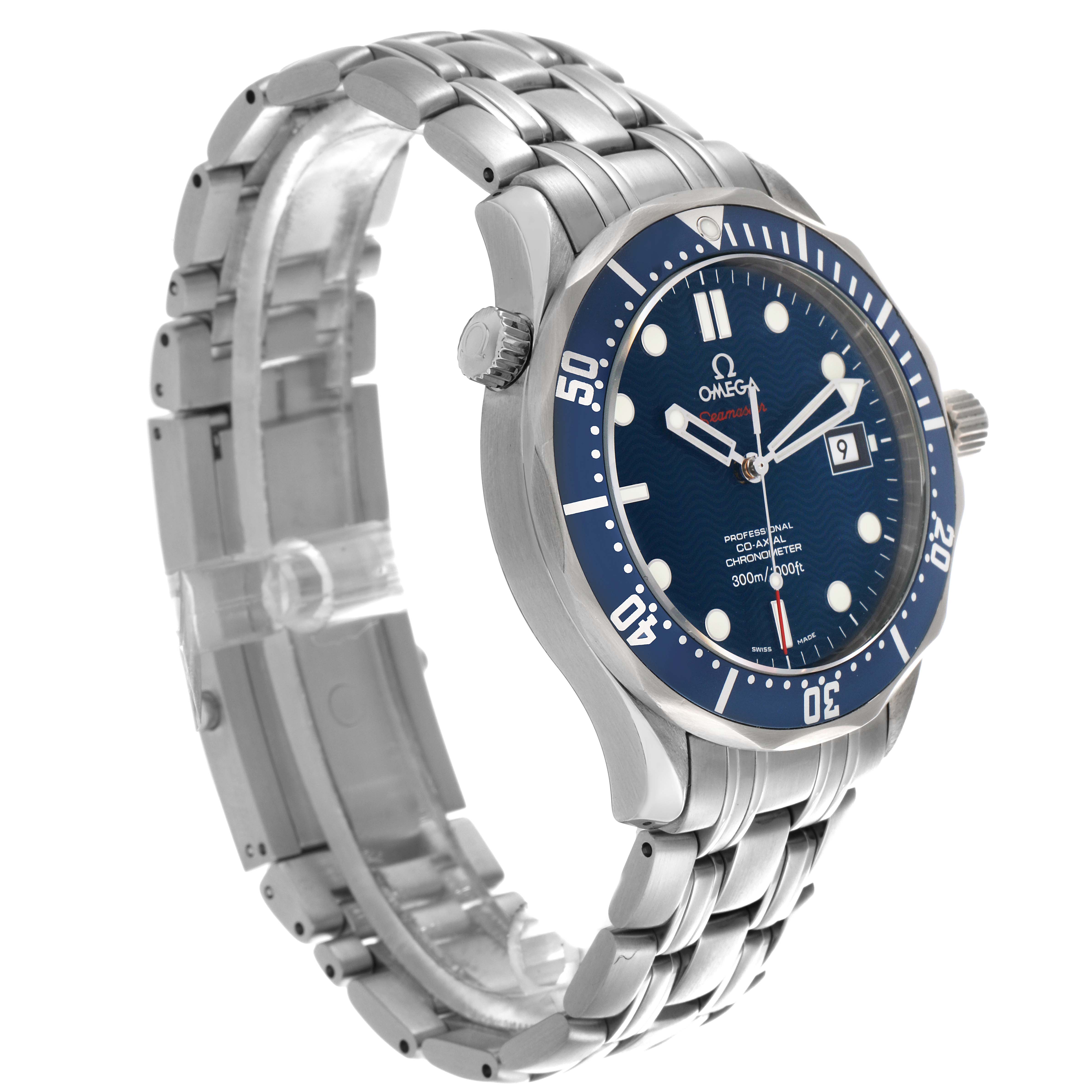 The Omega Seamaster 2220.80.00 Men
s Stainless Steel Blue Dial 2220.80.00 Men
s Stainless Steel Blue Dial watch is shown at a three-quarter angle, displaying the face, crown, bezel, and metal bracelet.