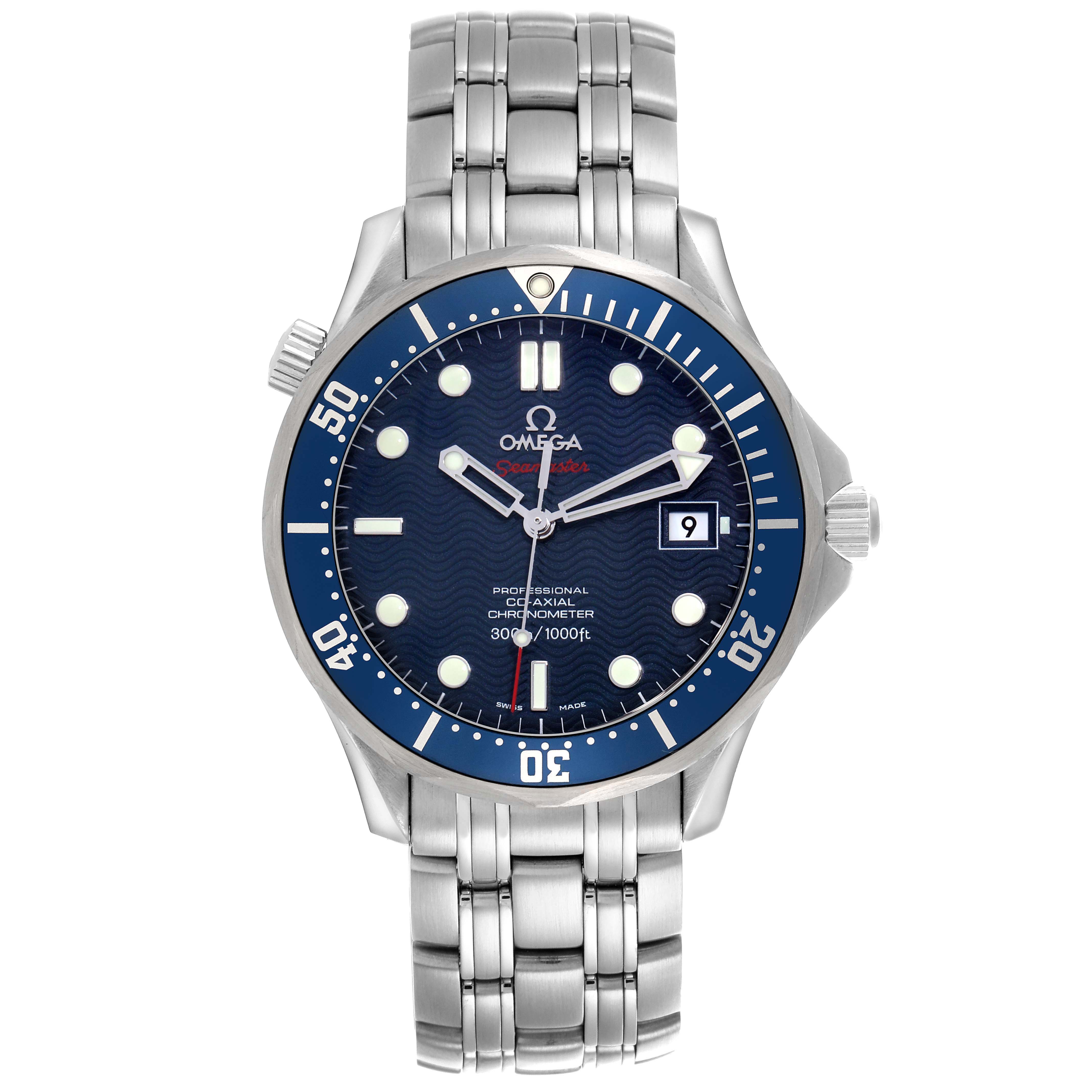 The image shows a frontal view of the Omega Seamaster 2220.80.00 Men
s Stainless Steel Blue Dial 2220.80.00 Men
s Stainless Steel Blue Dial watch, highlighting the dial, bezel, and metal bracelet.
