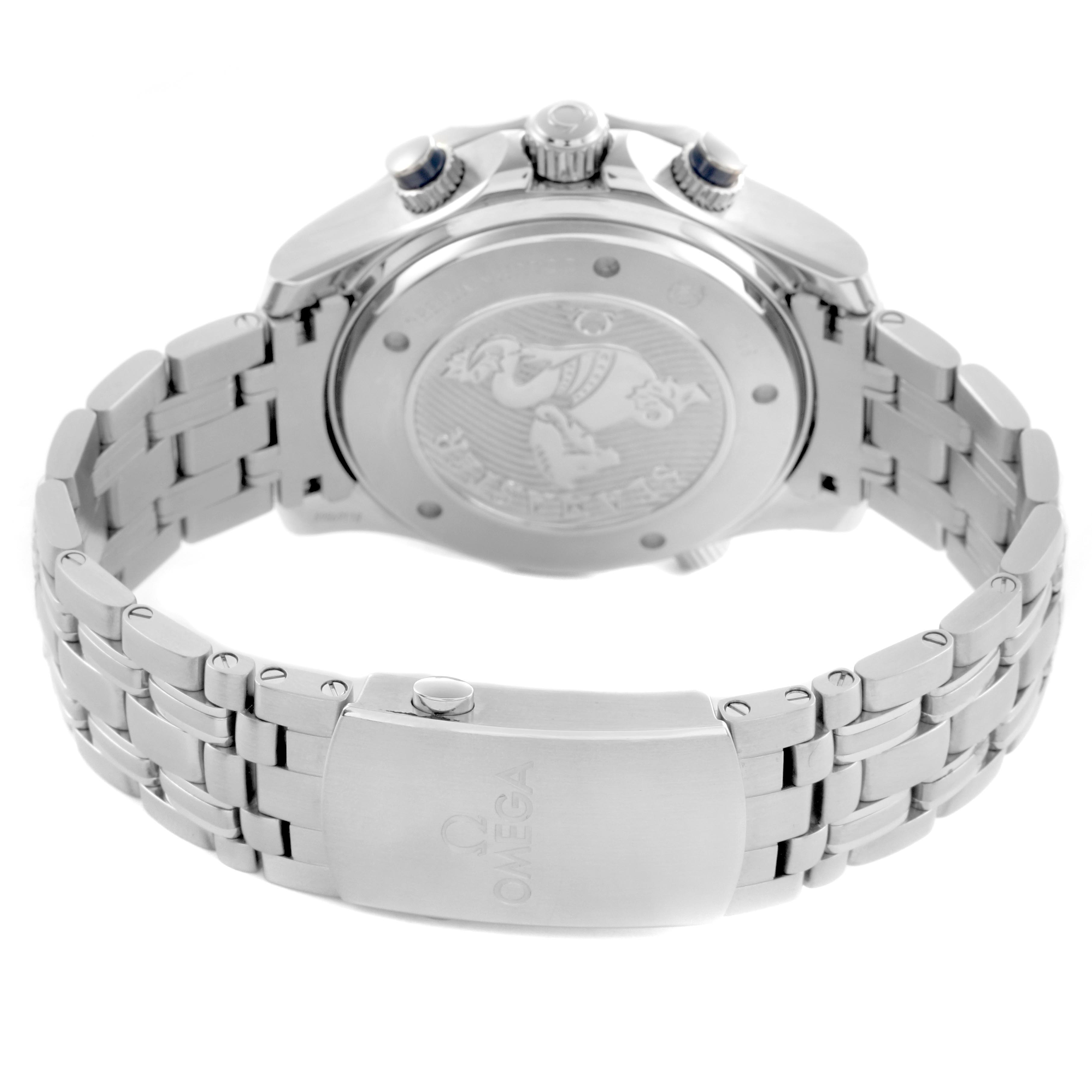 The image shows the back case, clasp, and bracelet of an Omega Seamaster 212.30.44.50.03.001 Men
s Stainless Steel Blue Dial 212.30.44.50.03.001 Men
s Stainless Steel Blue Dial watch from an angled rear view.