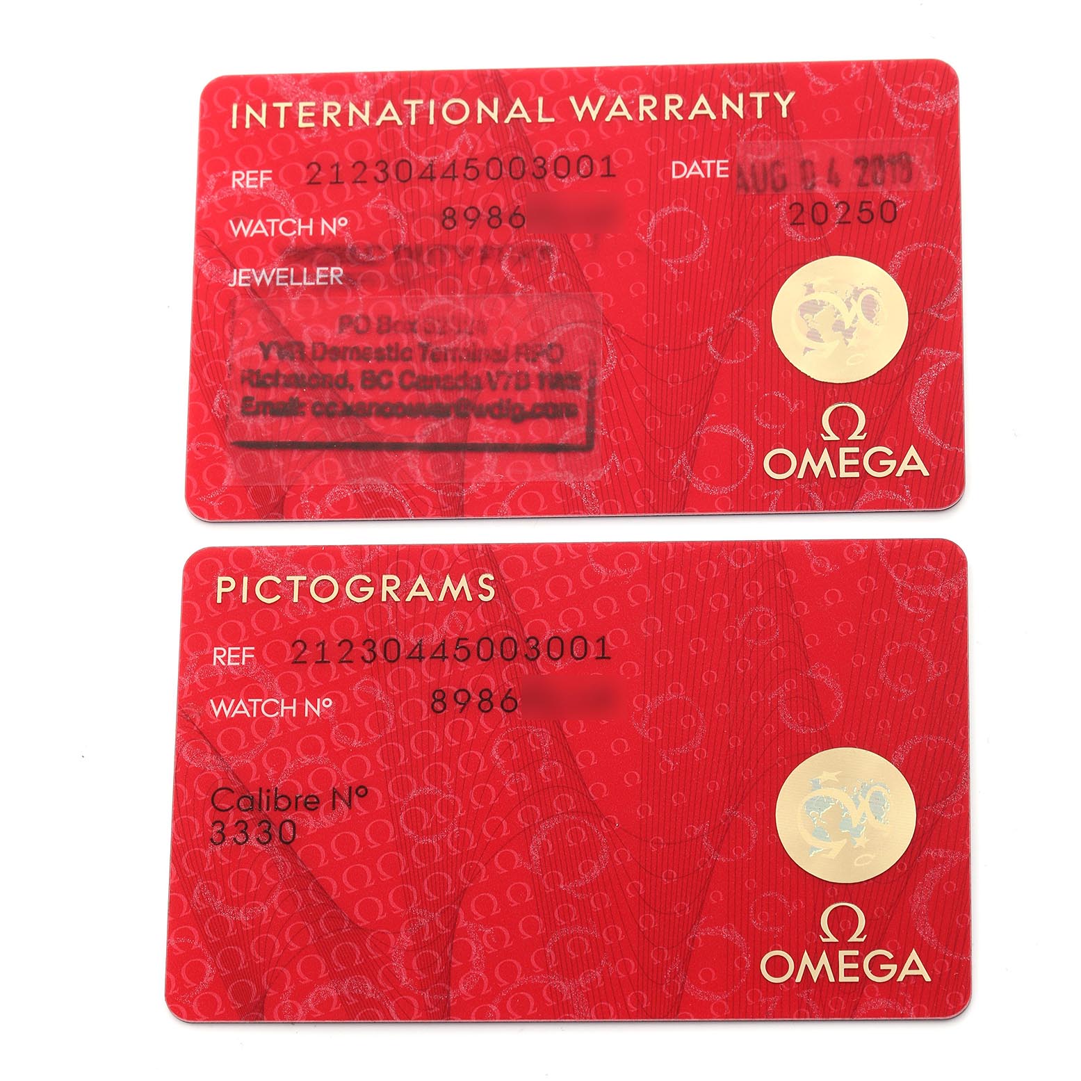 The image shows the International Warranty and Pictograms cards for an Omega Seamaster 212.30.44.50.03.001 Men
s Stainless Steel Blue Dial 212.30.44.50.03.001 Men
s Stainless Steel Blue Dial.