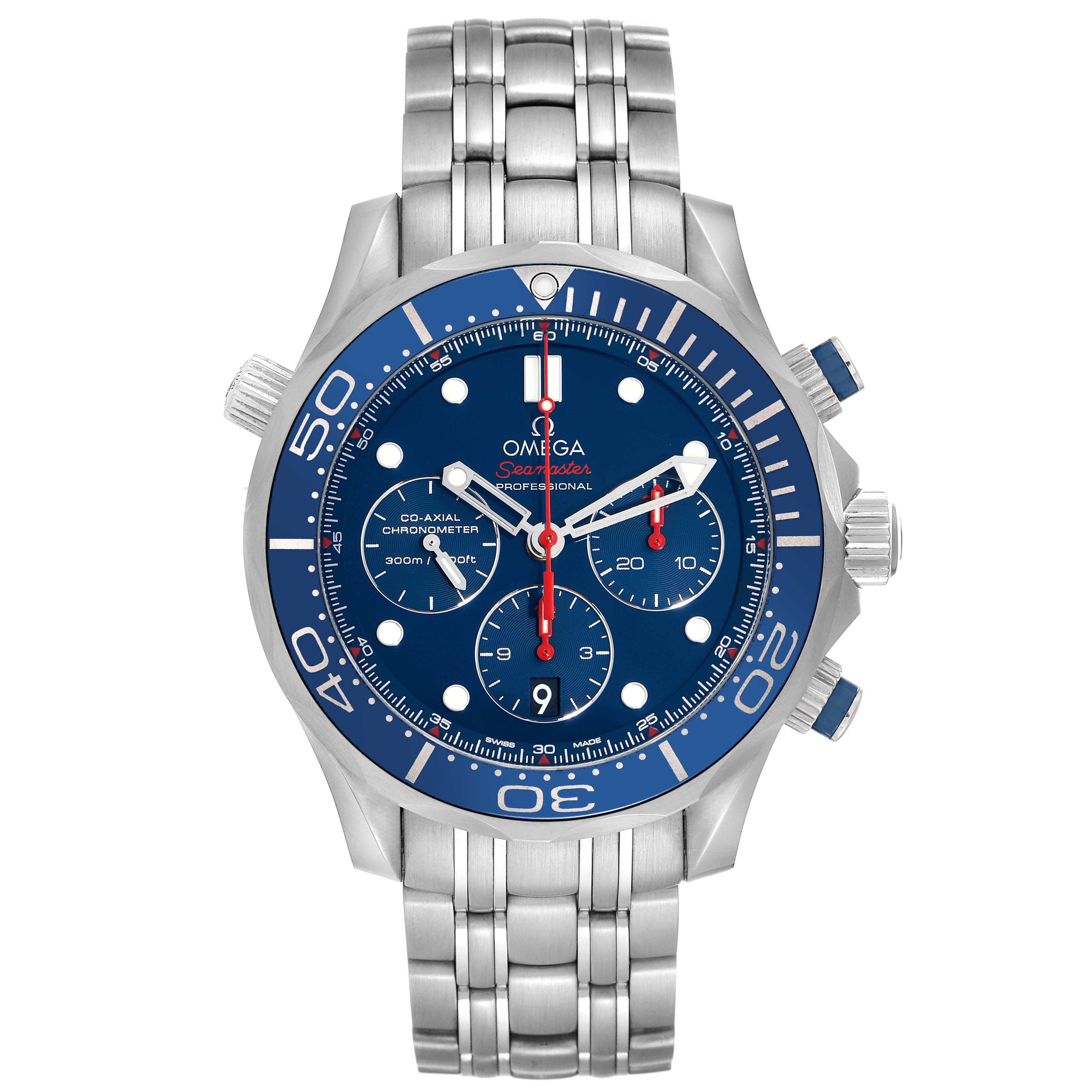 The Omega Seamaster 212.30.44.50.03.001 Men
s Stainless Steel Blue Dial 212.30.44.50.03.001 Men
s Stainless Steel Blue Dial watch is shown from a front angle, displaying the face, bezel, pushers, crown, and metal bracelet.