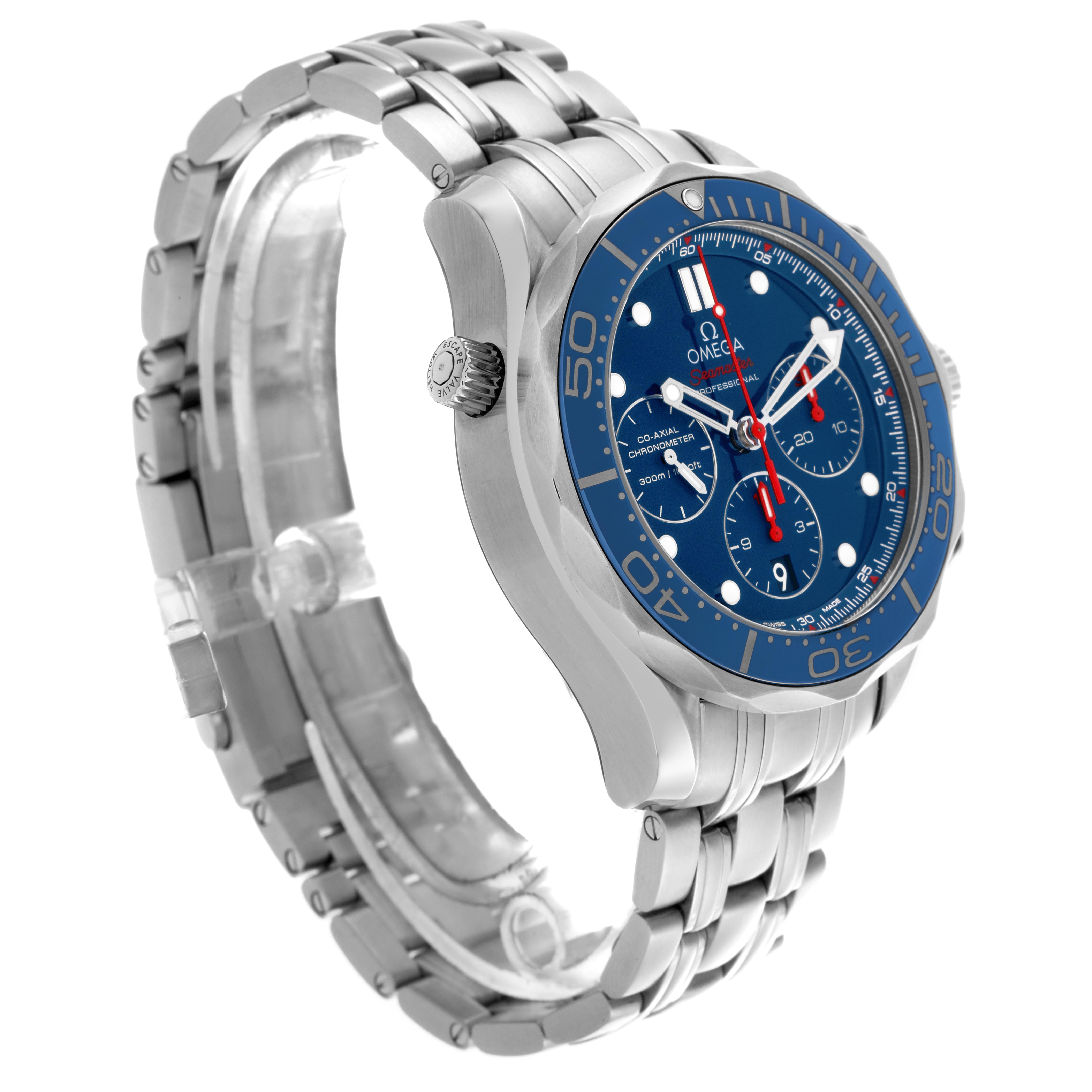 The Omega Seamaster 212.30.44.50.03.001 Men
s Stainless Steel Blue Dial 212.30.44.50.03.001 Men
s Stainless Steel Blue Dial watch is shown at an angled side view, highlighting the bracelet, bezel, and chronograph dials.