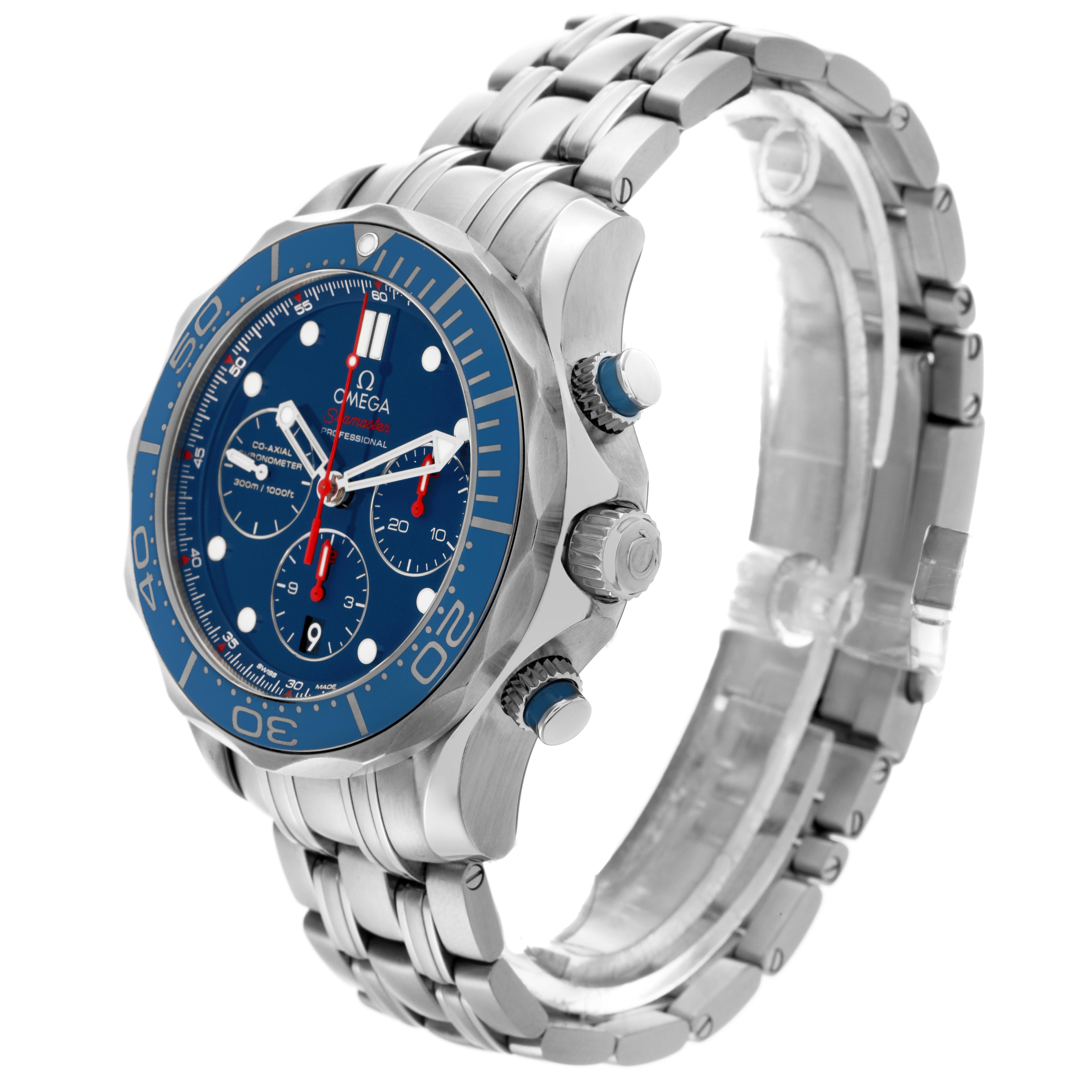 The Omega Seamaster 212.30.44.50.03.001 Men
s Stainless Steel Blue Dial 212.30.44.50.03.001 Men
s Stainless Steel Blue Dial watch is shown at an angle highlighting the blue dial, bezel, side crown, and stainless steel bracelet.