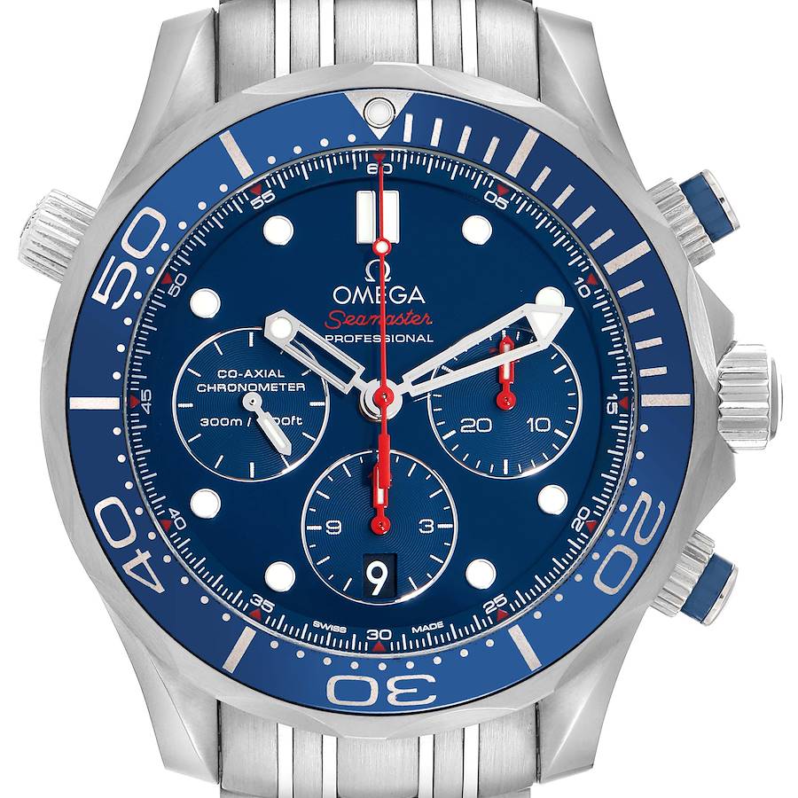 The Omega Seamaster watch is shown from a front angle, displaying the dial, bezel, subdials, and crown.