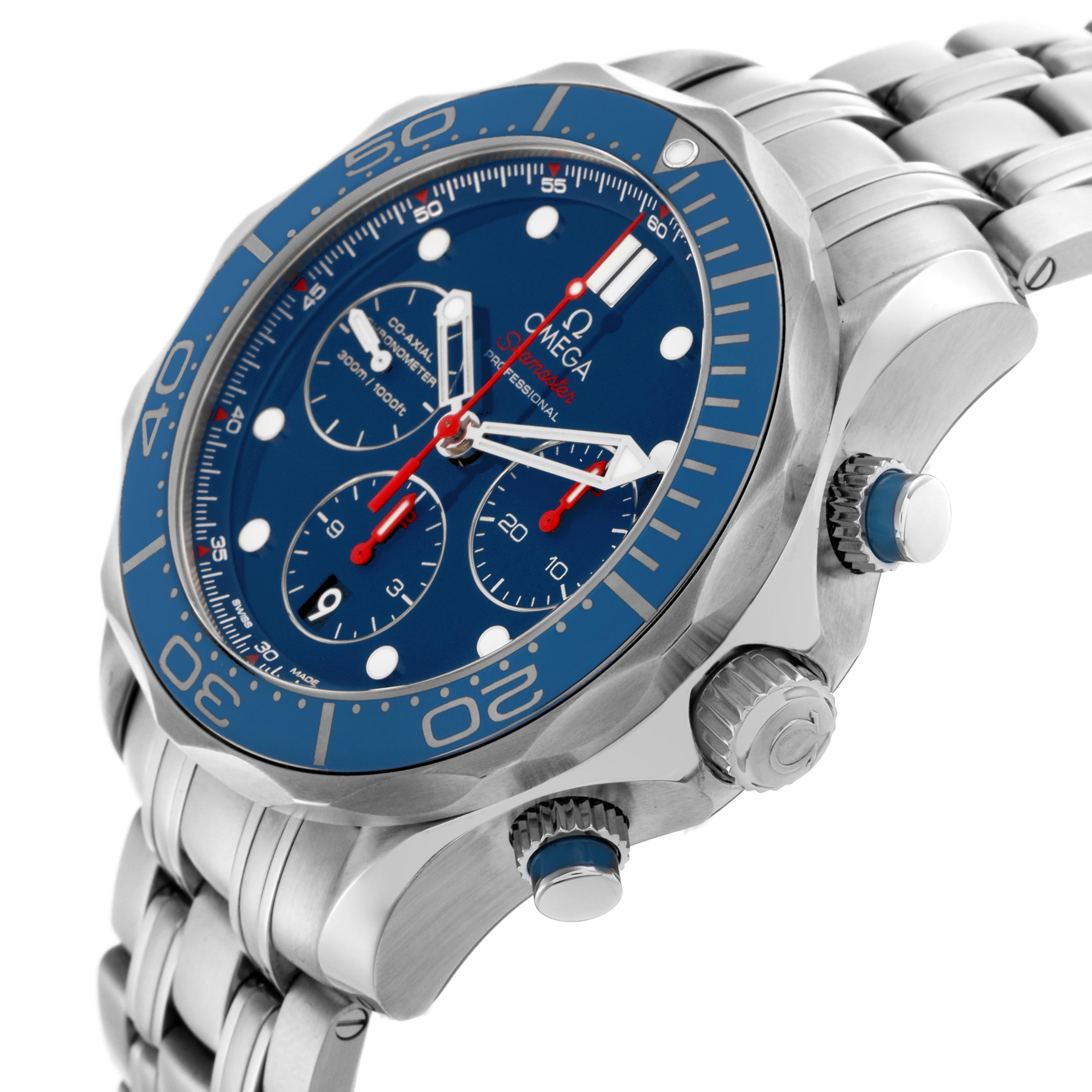 The Omega Seamaster 212.30.44.50.03.001 Men
s Stainless Steel Blue Dial 212.30.44.50.03.001 Men
s Stainless Steel Blue Dial watch is shown at a three-quarter angle, highlighting the dial, bezel, crown, and metal bracelet.