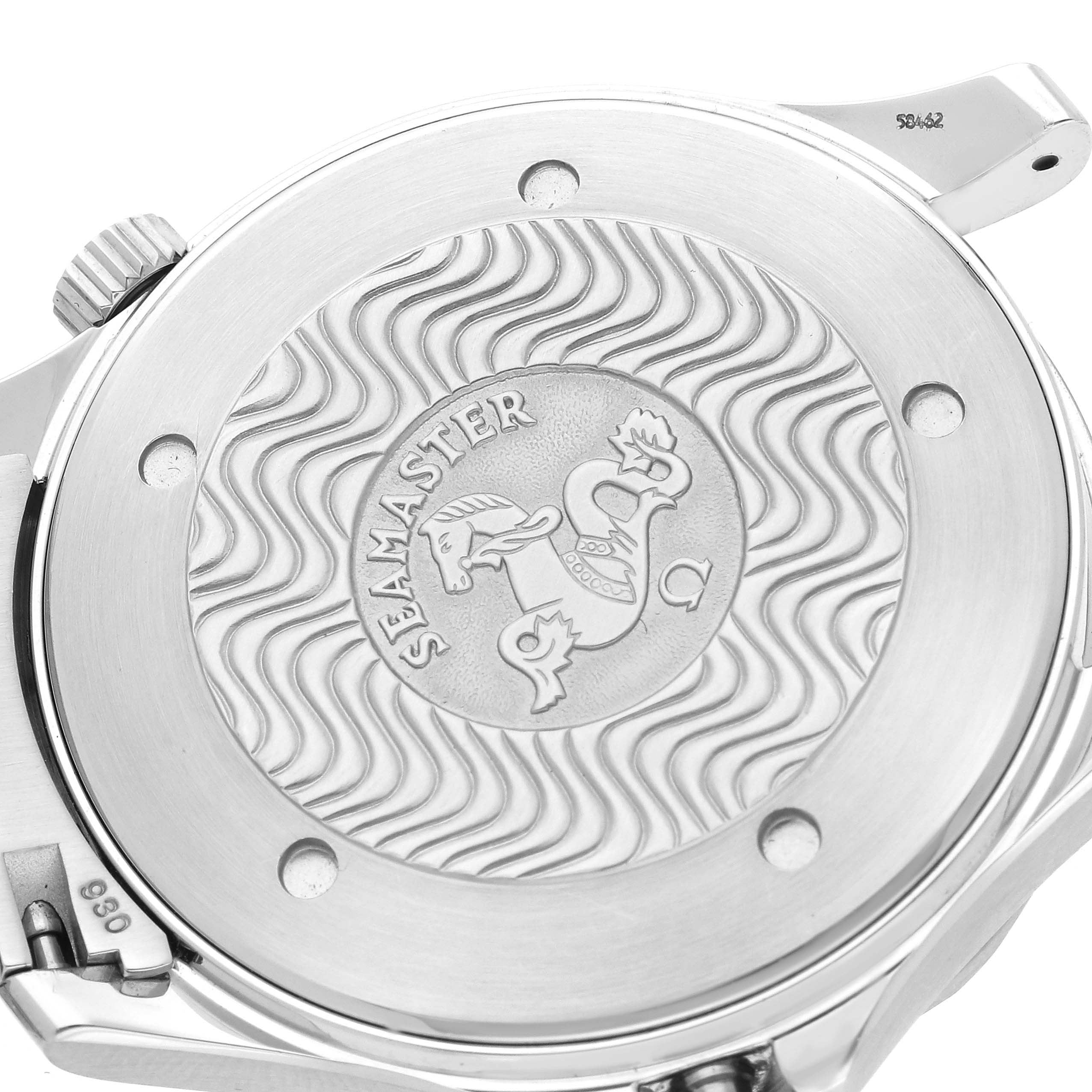 The image shows the case back of the Omega Seamaster 2265.80.00 Men
s Stainless Steel Blue Dial 2265.80.00 Men
s Stainless Steel Blue Dial watch, featuring the engraved logo and wave pattern.