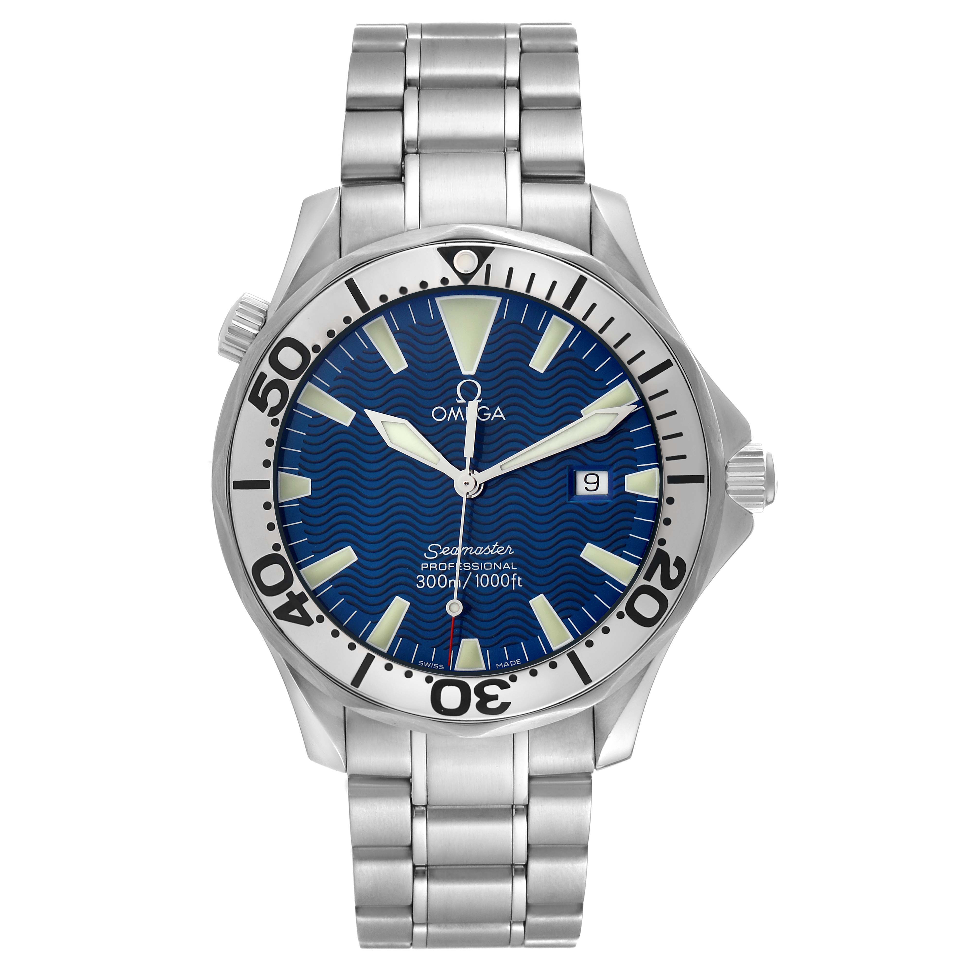 The Omega Seamaster 2265.80.00 Men
s Stainless Steel Blue Dial 2265.80.00 Men
s Stainless Steel Blue Dial watch is shown from a front angle, displaying the dial, bezel, bracelet, and crown.