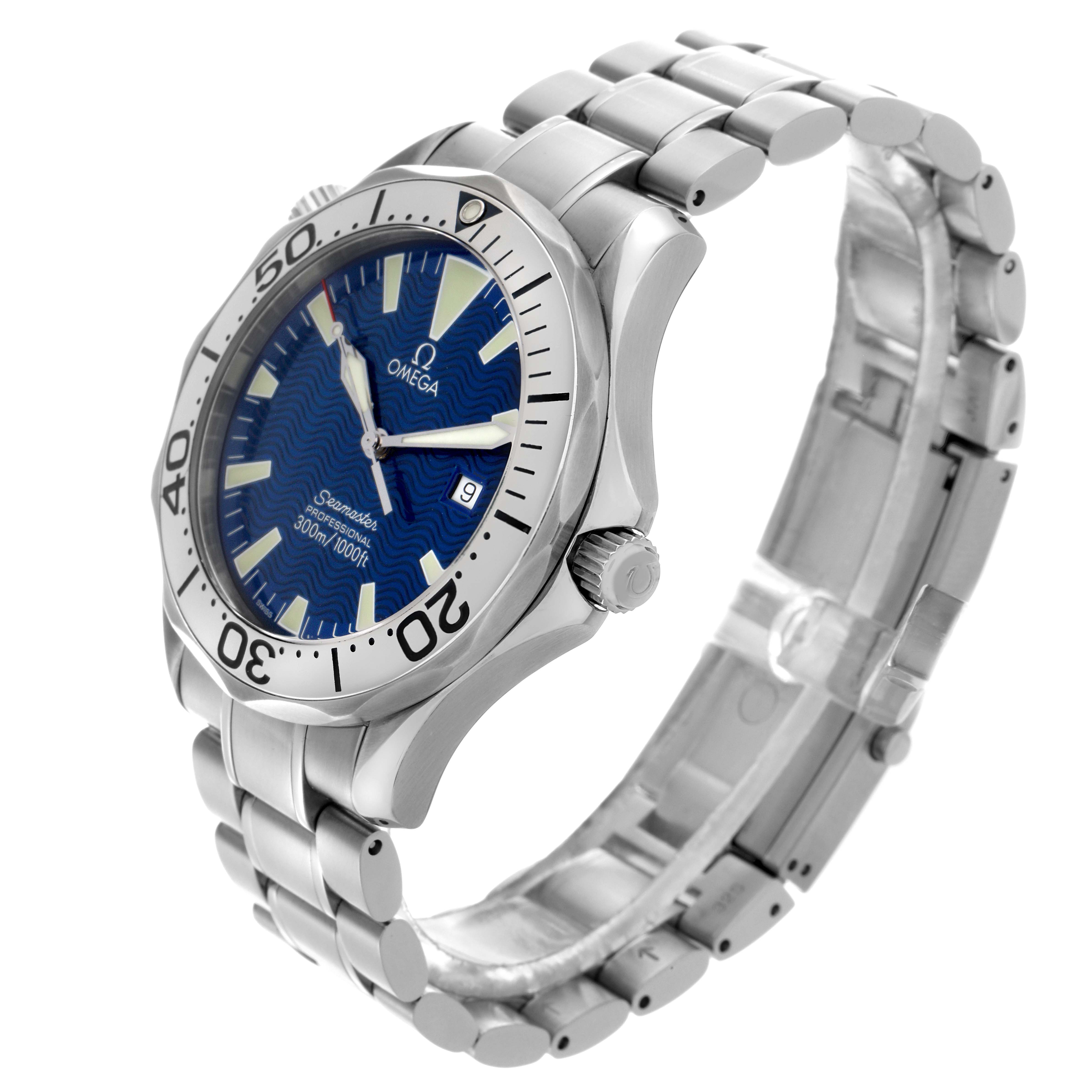 The Omega Seamaster 2265.80.00 Men
s Stainless Steel Blue Dial 2265.80.00 Men
s Stainless Steel Blue Dial is shown at a three-quarter angle, highlighting the bezel, face, crown, and metal bracelet.