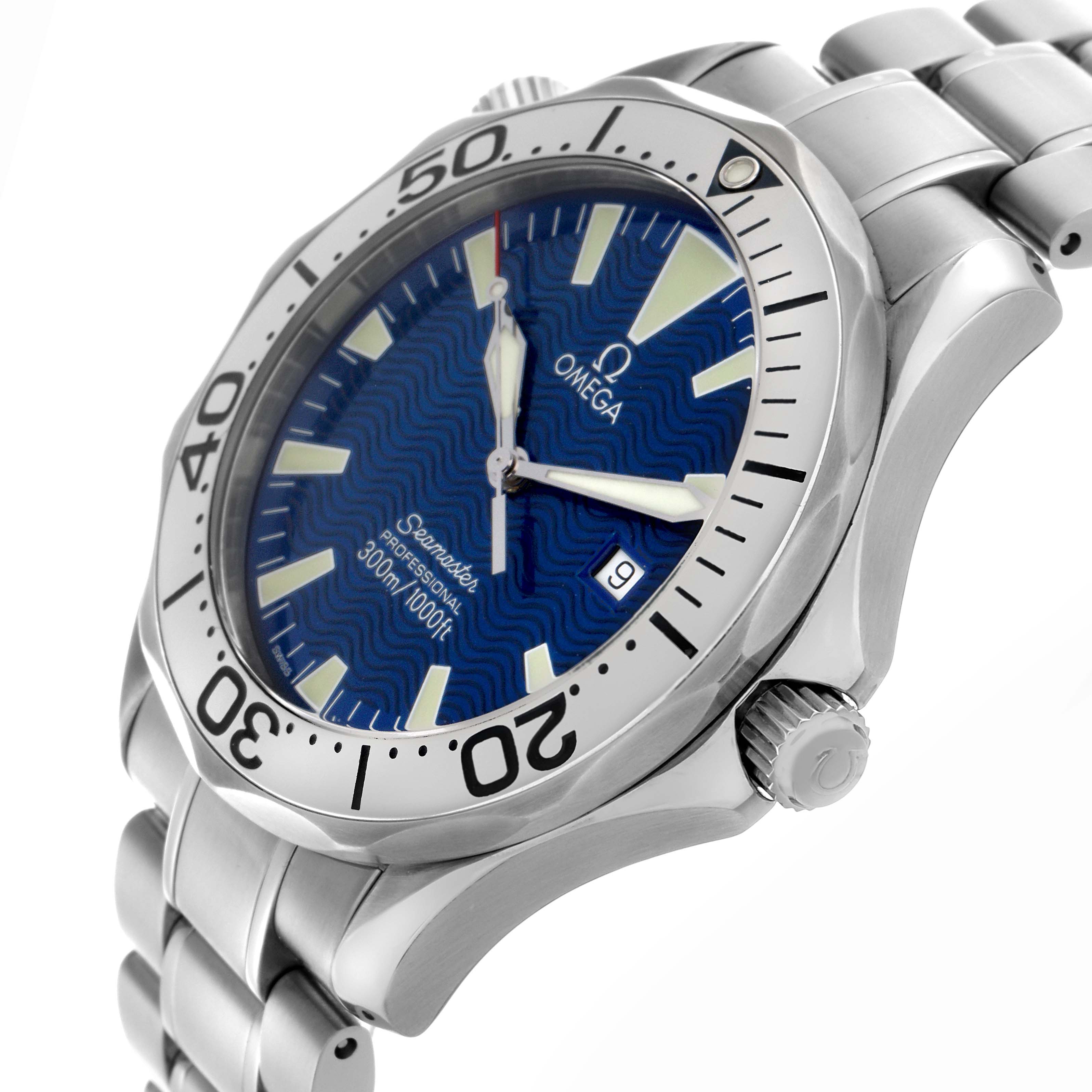The Omega Seamaster 2265.80.00 Men
s Stainless Steel Blue Dial 2265.80.00 Men
s Stainless Steel Blue Dial watch is shown at a side angle, displaying the face, bezel, crown, and bracelet.