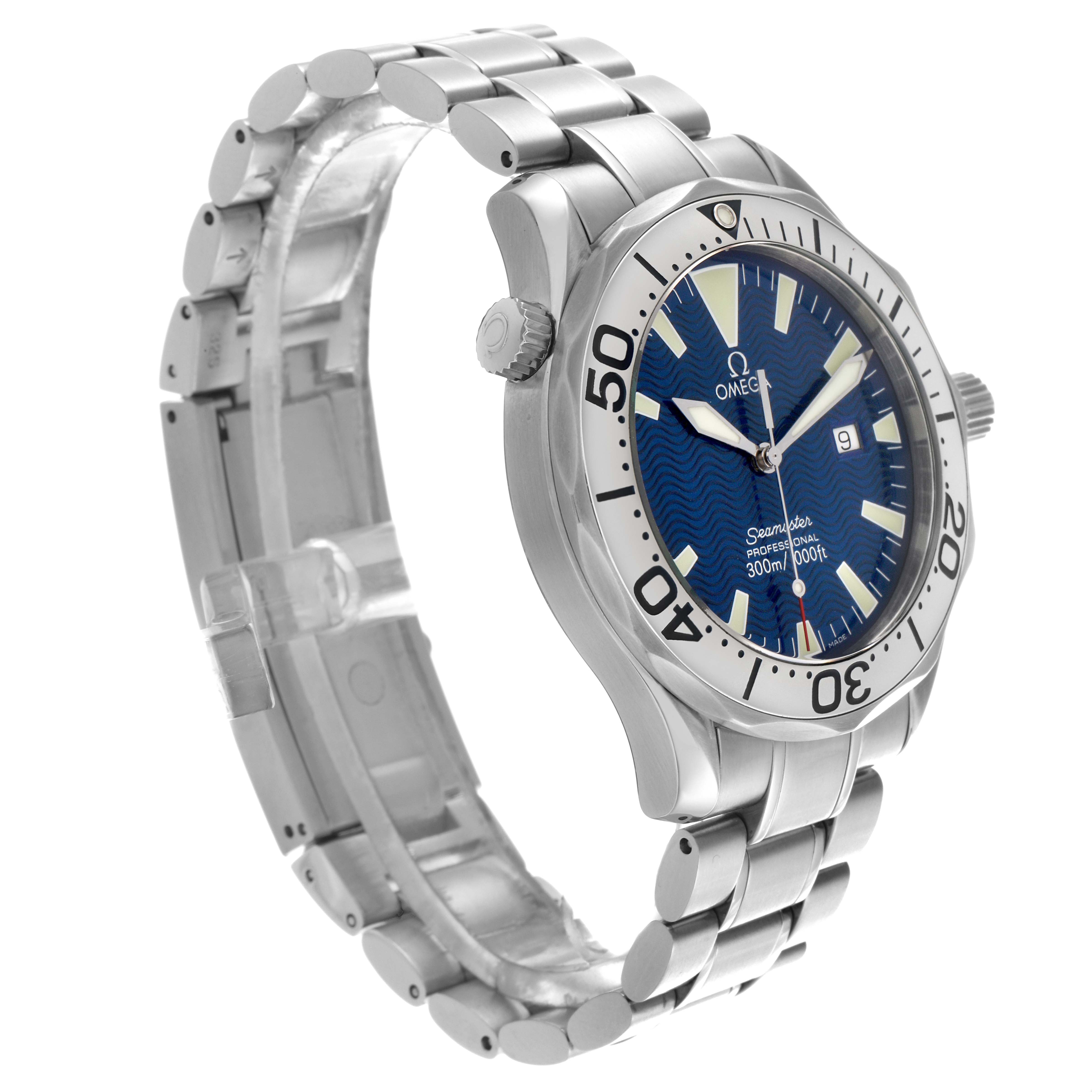 The image shows an Omega Seamaster 2265.80.00 Men
s Stainless Steel Blue Dial 2265.80.00 Men
s Stainless Steel Blue Dial watch at a side angle, highlighting its bezel, dial, and stainless steel bracelet.