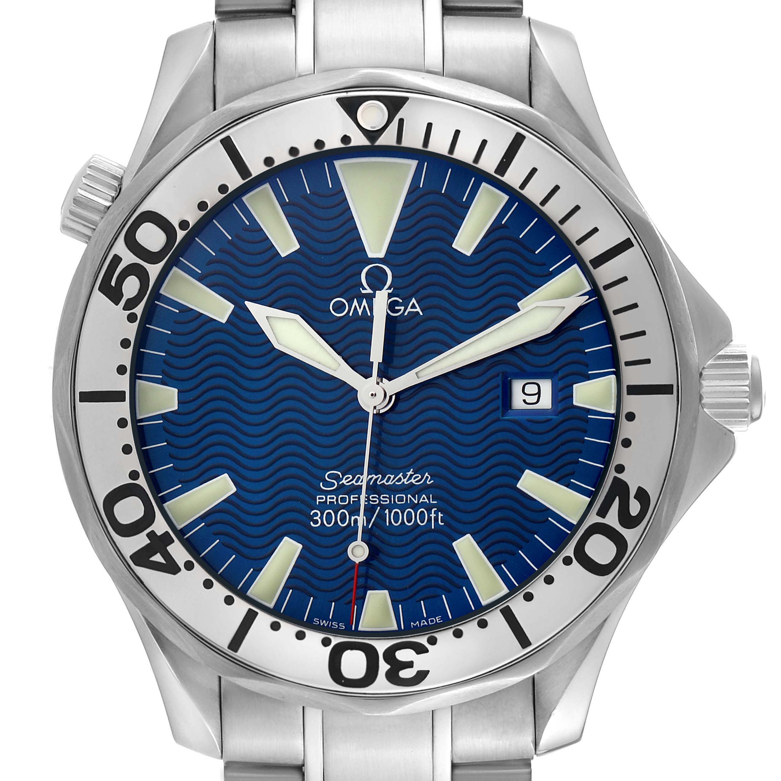 The image shows a front view of the Omega Seamaster 2265.80.00 Men
s Stainless Steel Blue Dial 2265.80.00 Men
s Stainless Steel Blue Dial watch, highlighting its blue dial, bezel, and steel bracelet.