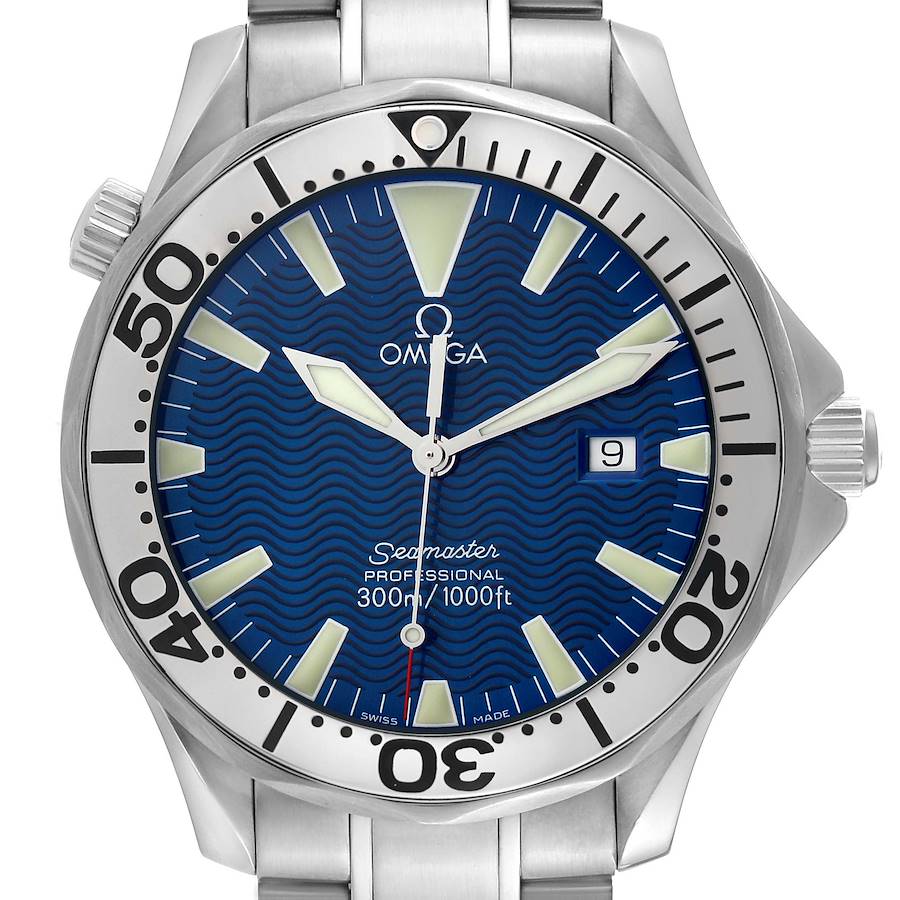 The image shows a front view of the Omega Seamaster watch, highlighting its blue dial, bezel, and steel bracelet.