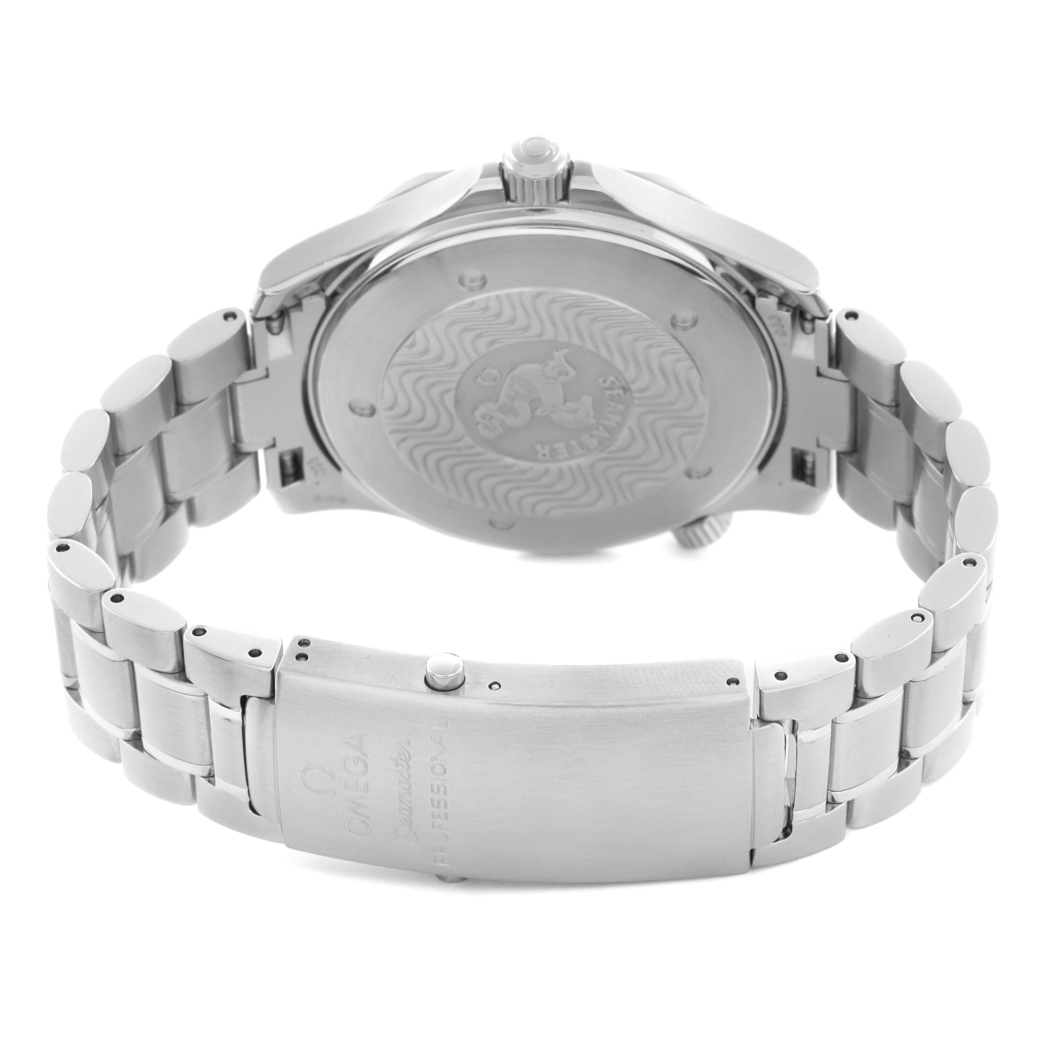 The image shows the back and clasp of an Omega Seamaster 2265.80.00 Men
s Stainless Steel Blue Dial 2265.80.00 Men
s Stainless Steel Blue Dial, showcasing the bracelet and case back.