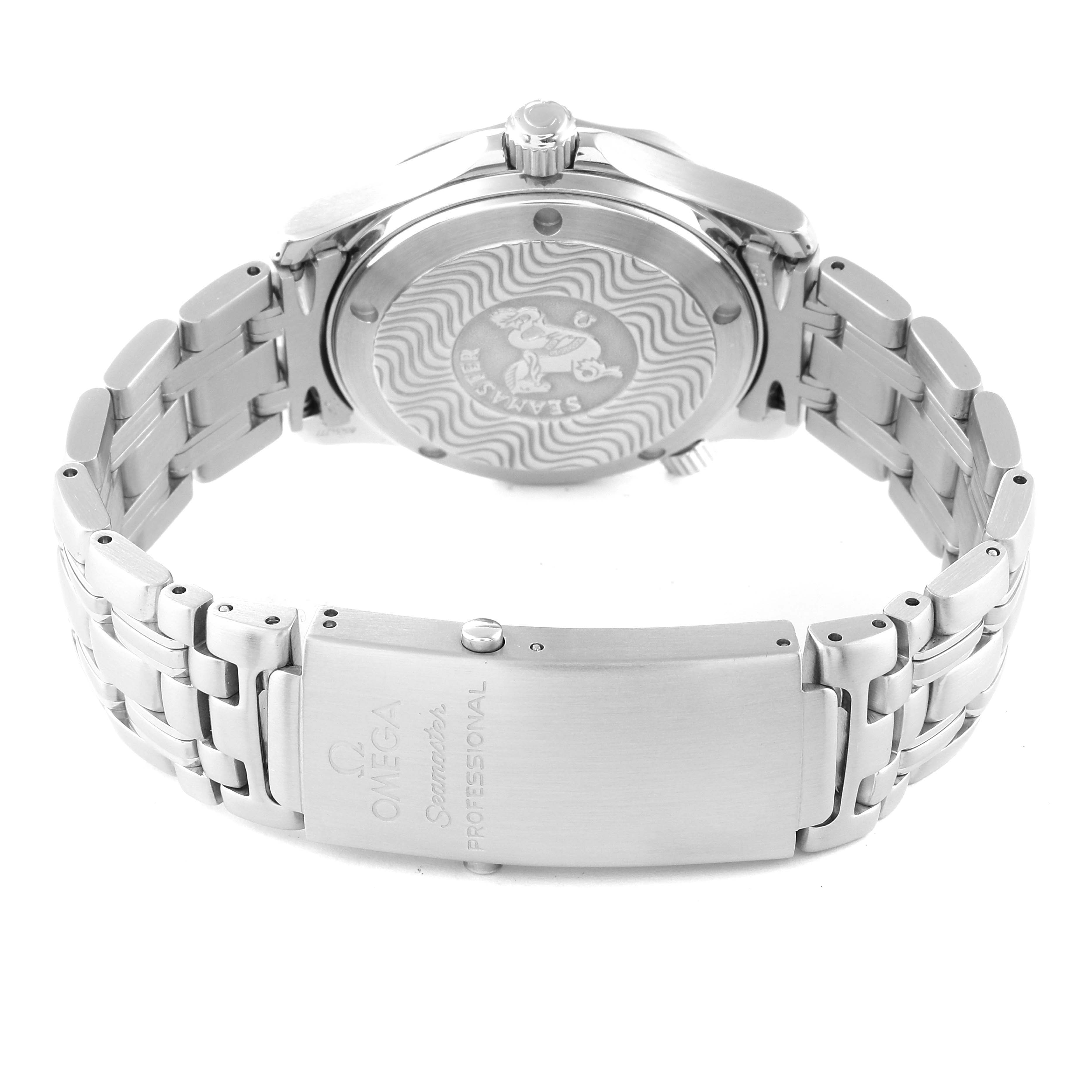 The Omega Seamaster 2552.20.00 Men's Stainless Steel White Dial 2552.20.00 Men's Stainless Steel White Dial watch is shown from the back, highlighting its case back and stainless steel bracelet with clasp.