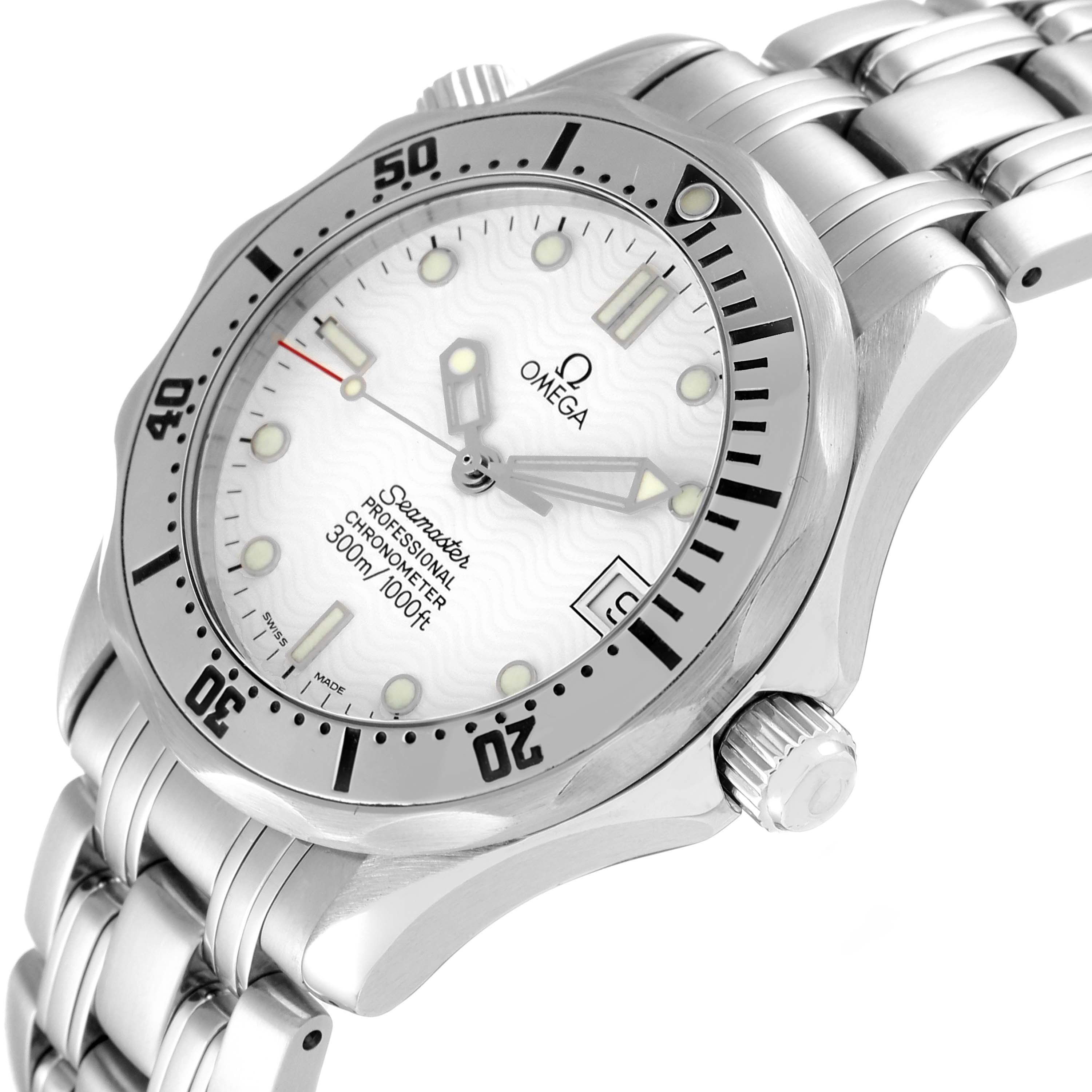 This image shows an angled view of an Omega Seamaster 2552.20.00 Men's Stainless Steel White Dial 2552.20.00 Men's Stainless Steel White Dial watch, detailing the face, bezel, crown, and part of the bracelet.