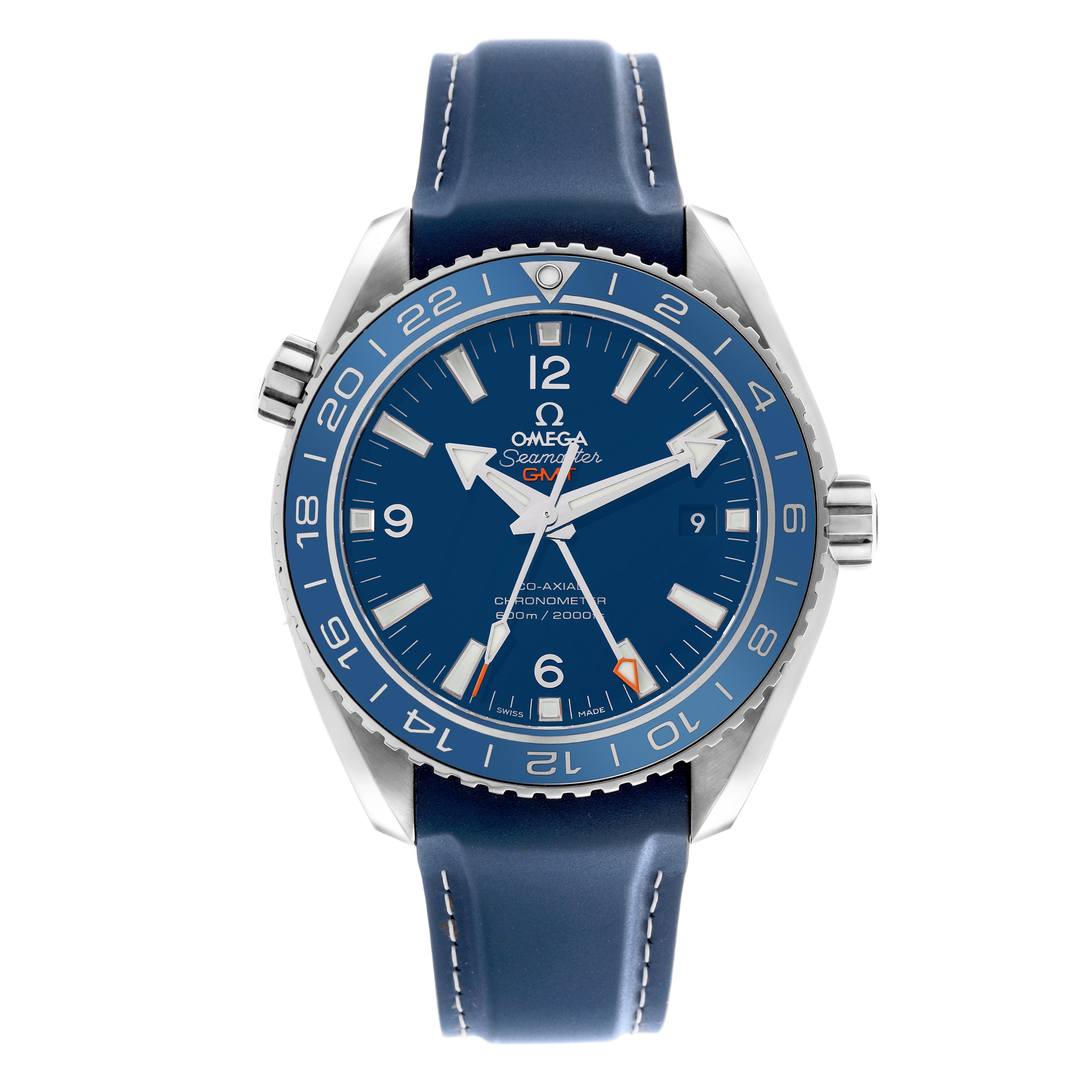 The image shows a front view of the Omega Planet Ocean 232.92.44.22.03.001 Men
s Stainless Steel Blue Dial 232.92.44.22.03.001 Men
s Stainless Steel Blue Dial watch, highlighting the dial and bezel.