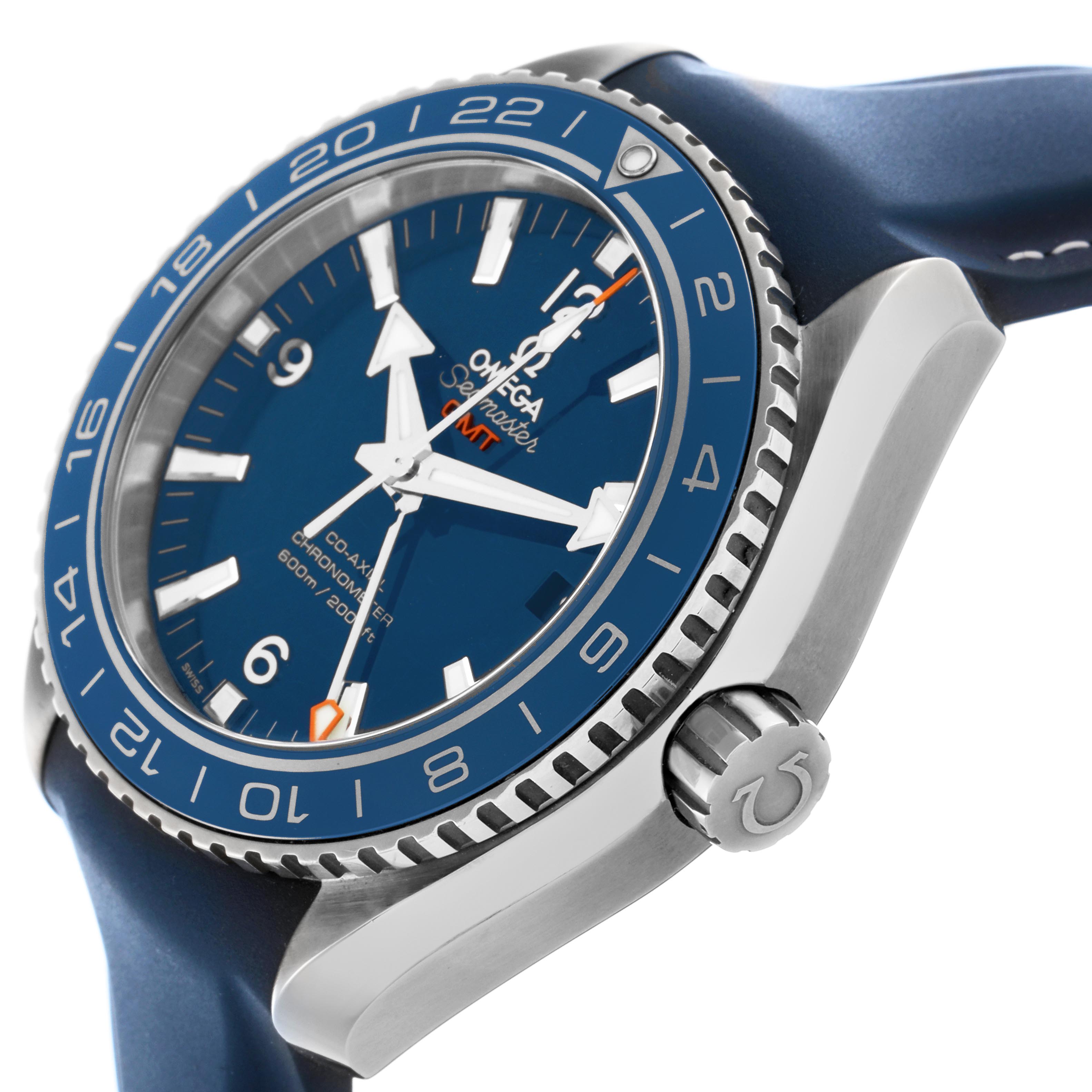 The Omega Planet Ocean 232.92.44.22.03.001 Men
s Stainless Steel Blue Dial 232.92.44.22.03.001 Men
s Stainless Steel Blue Dial watch is shown at a three-quarter angle highlighting the face, bezel, and crown.