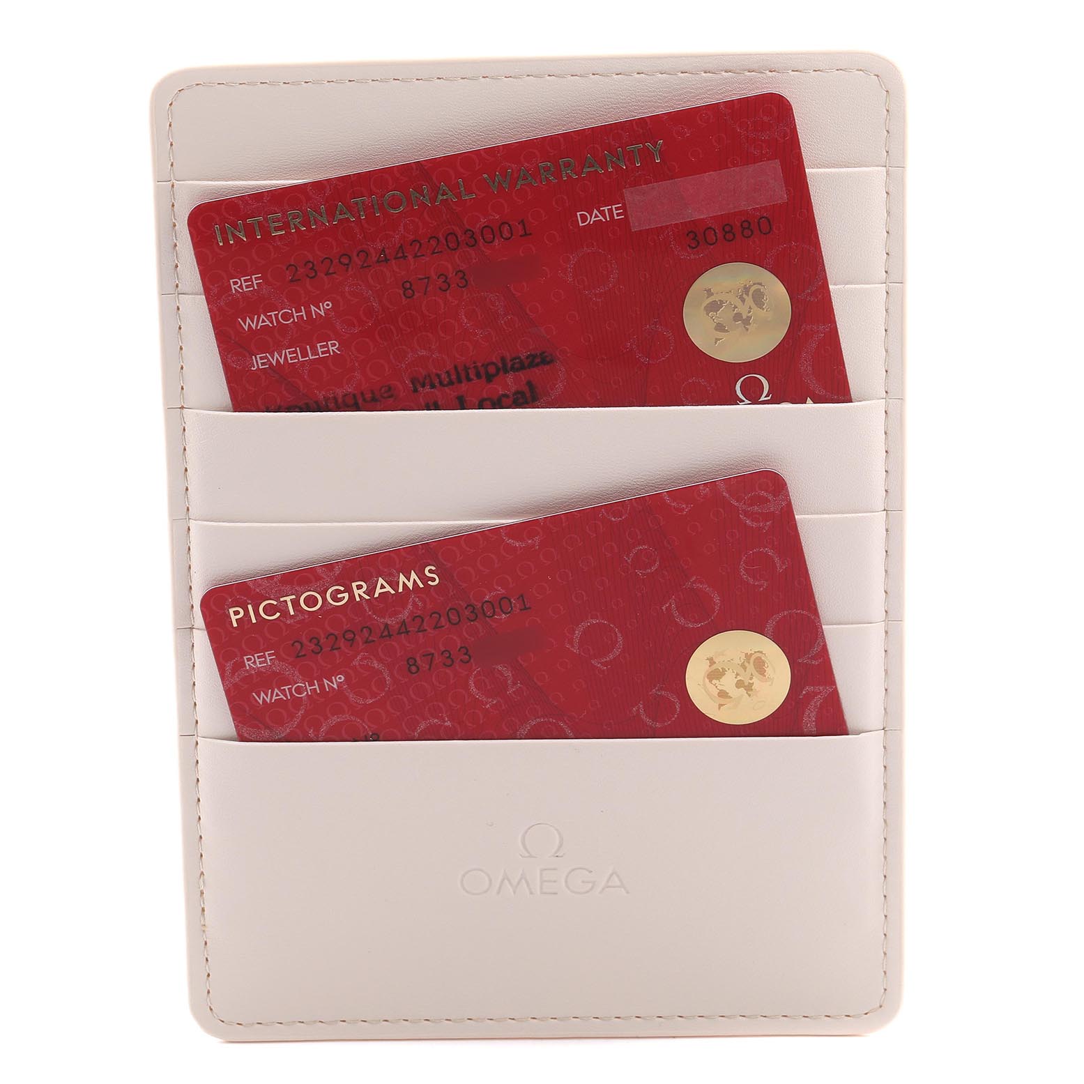 The image shows an Omega Planet Ocean 232.92.44.22.03.001 Men
s Stainless Steel Blue Dial 232.92.44.22.03.001 Men
s Stainless Steel Blue Dial model cardholder with warranty and pictogram cards inserted.