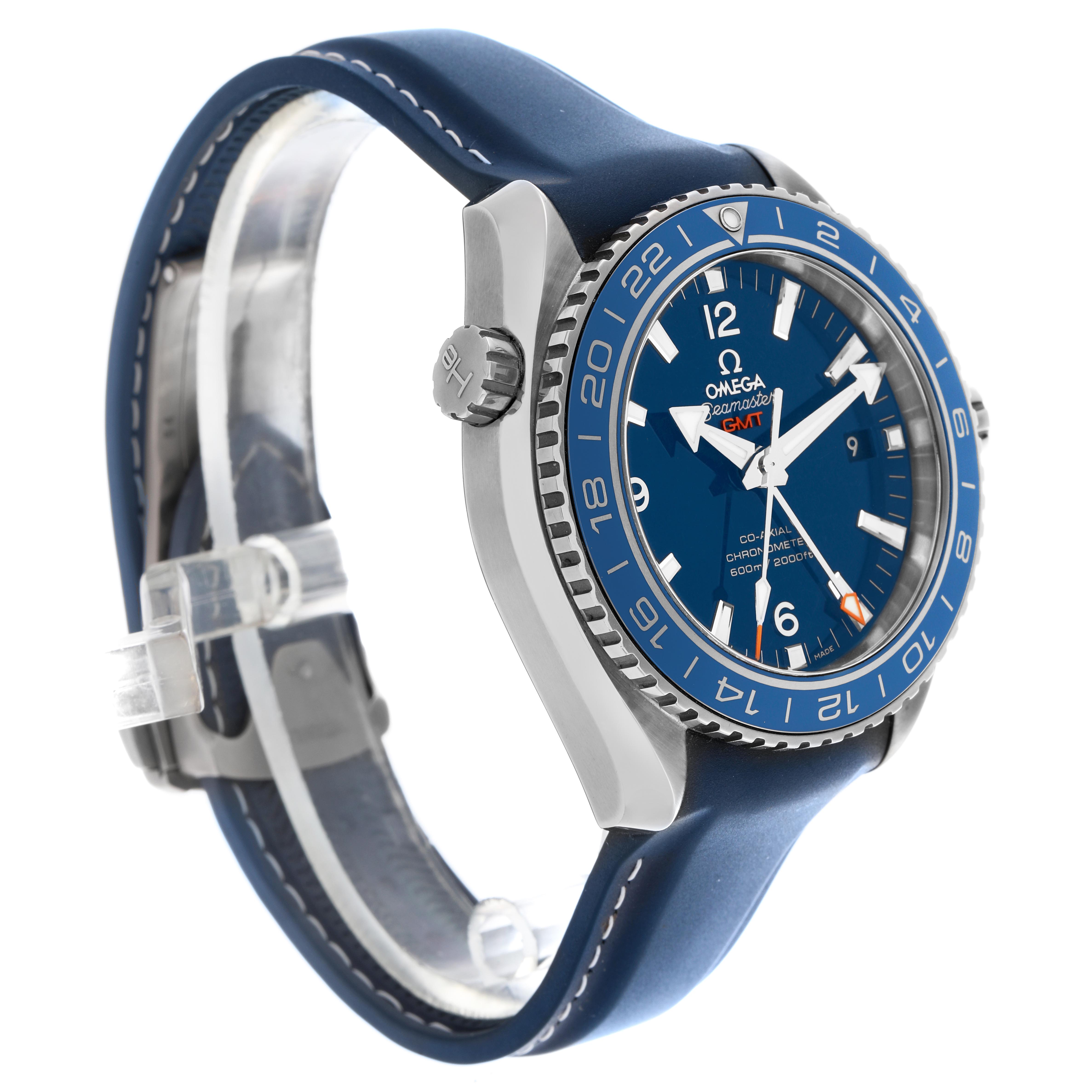 The Omega Planet Ocean 232.92.44.22.03.001 Men
s Stainless Steel Blue Dial 232.92.44.22.03.001 Men
s Stainless Steel Blue Dial watch is shown at a three-quarter angle, displaying the blue bezel, dial, crown, and blue strap.