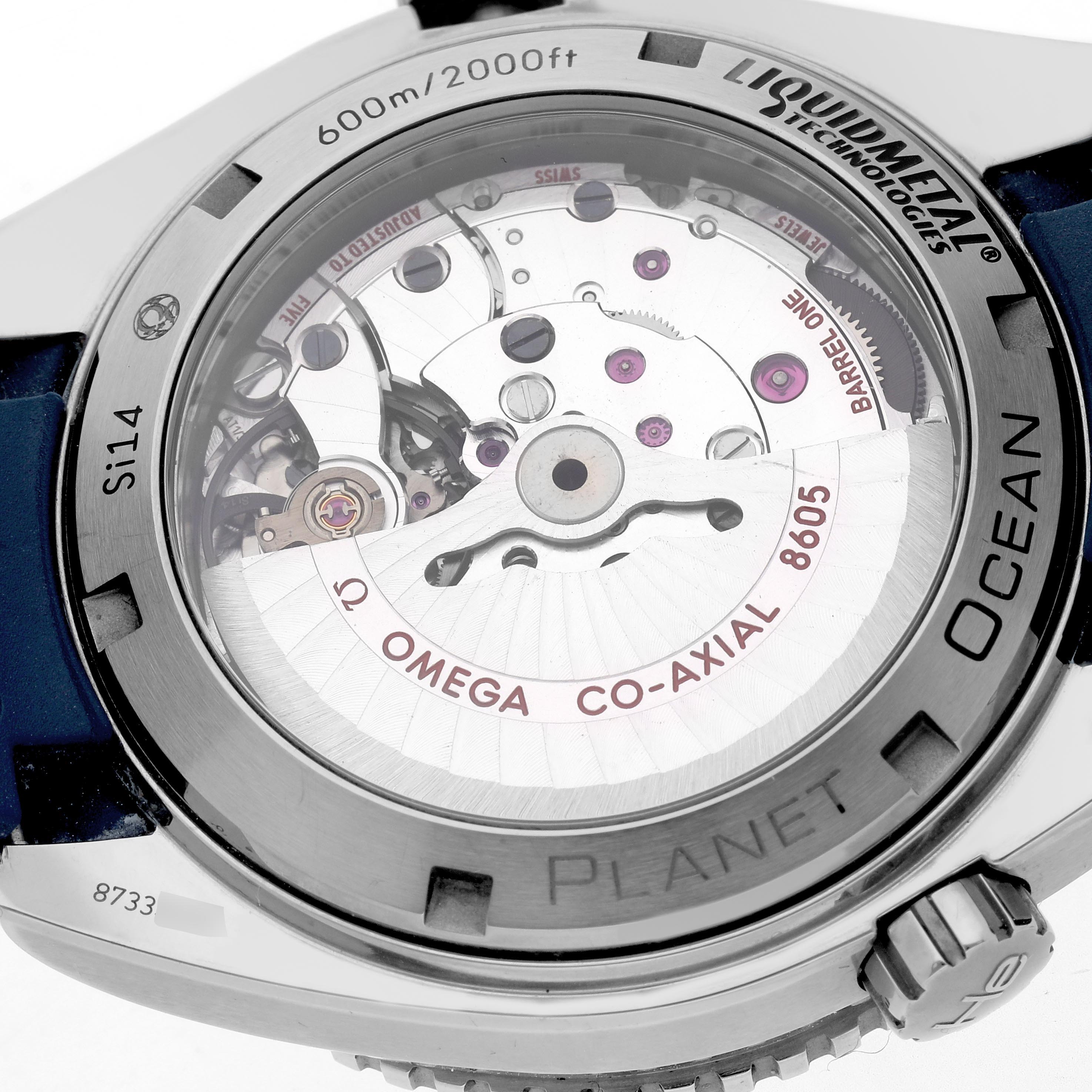 The image shows the back view of the Omega Planet Ocean 232.92.44.22.03.001 Men
s Stainless Steel Blue Dial 232.92.44.22.03.001 Men
s Stainless Steel Blue Dial watch, highlighting its open case back and "Co-Axial" movement.