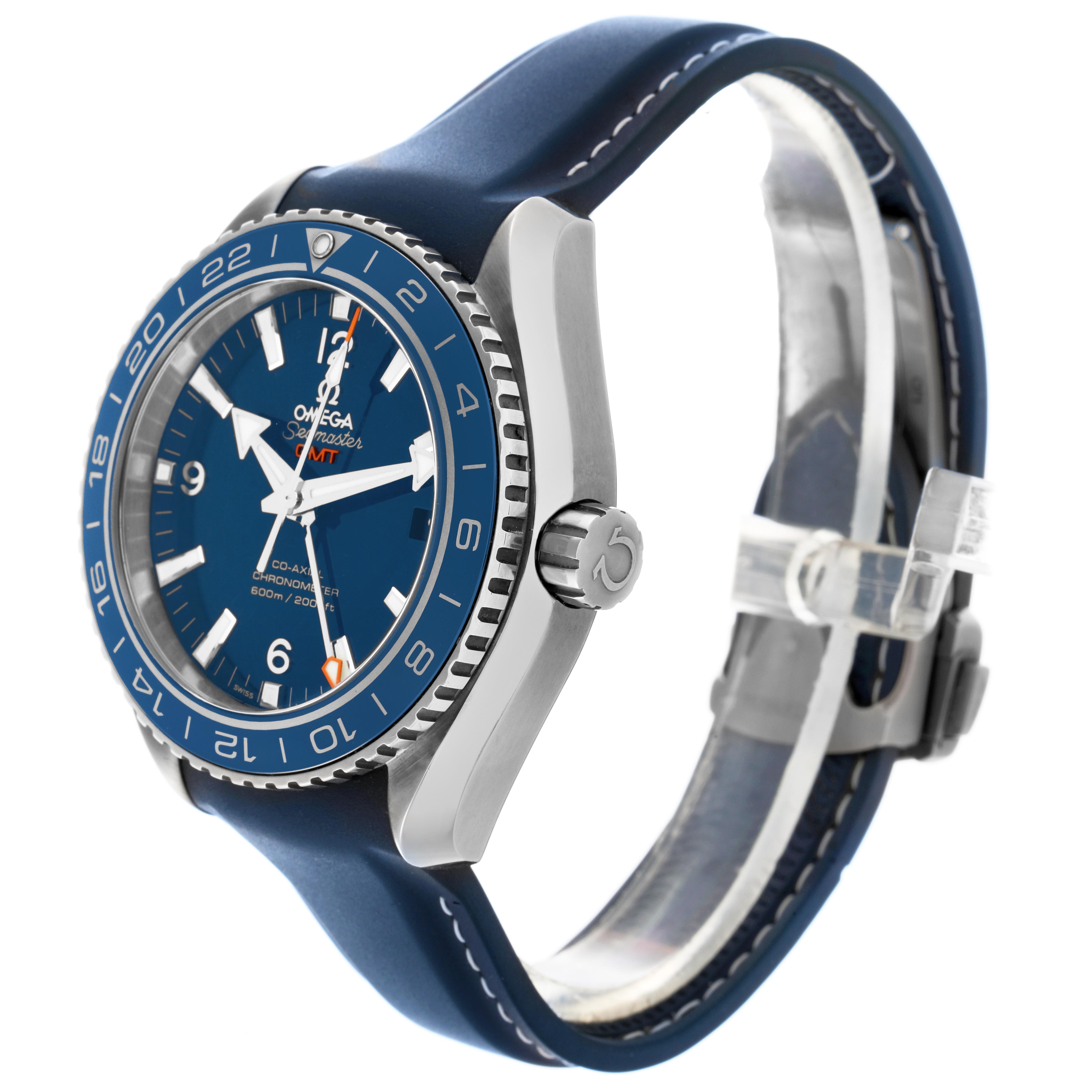 The Omega Planet Ocean 232.92.44.22.03.001 Men
s Stainless Steel Blue Dial 232.92.44.22.03.001 Men
s Stainless Steel Blue Dial watch is shown at a three-quarter angle, displaying the face, bezel, case, crown, and strap.