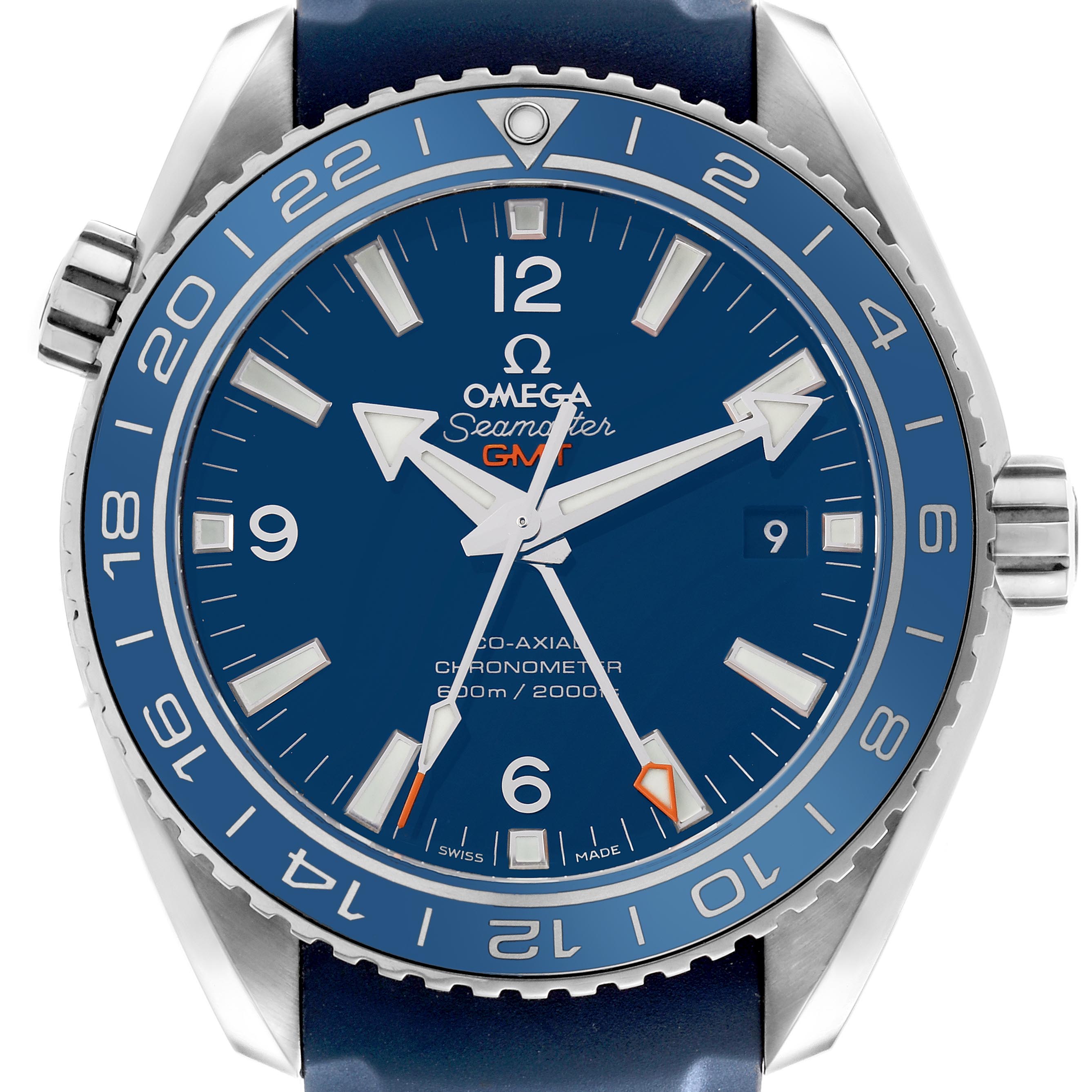 The Omega Planet Ocean 232.92.44.22.03.001 Men
s Stainless Steel Blue Dial 232.92.44.22.03.001 Men
s Stainless Steel Blue Dial watch is shown from the front, displaying its blue dial, bezel, and prominent hands.