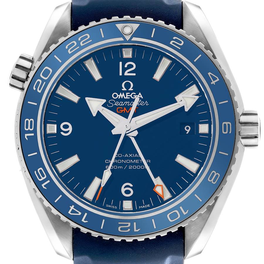 The Omega Planet Ocean watch is shown from the front, displaying its blue dial, bezel, and prominent hands.