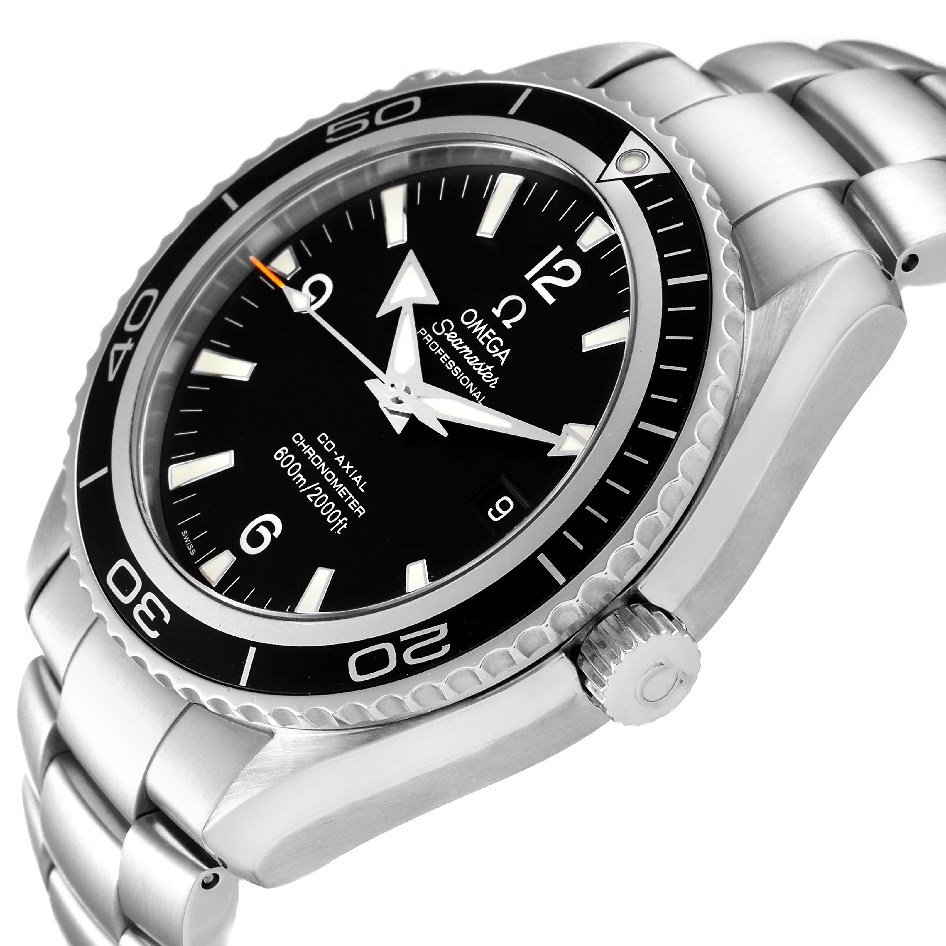 The image shows a side and partial front view of the Omega Planet Ocean 2200.50.00 Men
s Stainless Steel Black Dial 2200.50.00 Men
s Stainless Steel Black Dial watch, highlighting the bezel, dial, and crown.