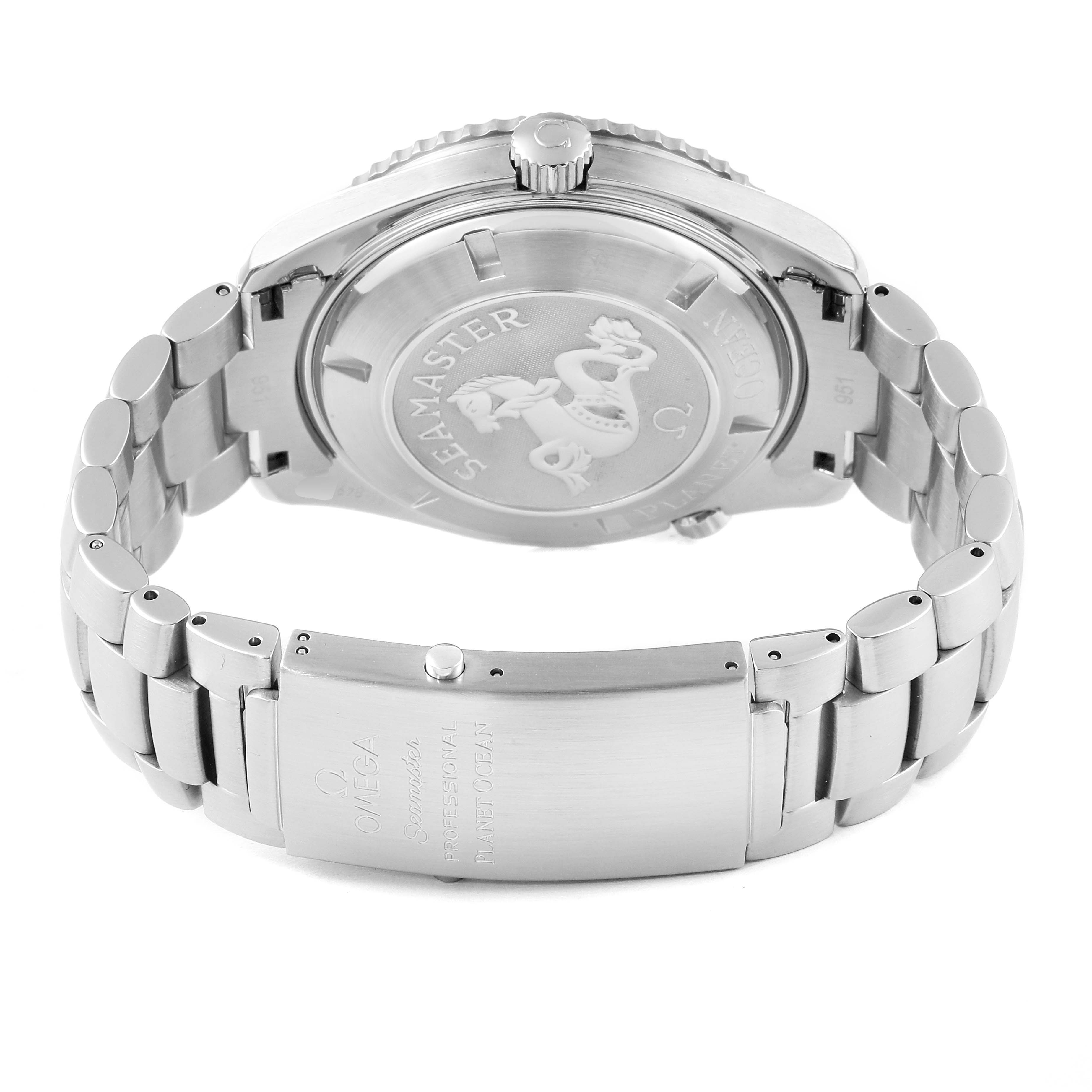 The image shows the back case and clasp of an Omega Planet Ocean 2200.50.00 Men
s Stainless Steel Black Dial 2200.50.00 Men
s Stainless Steel Black Dial watch with its bracelet extended.