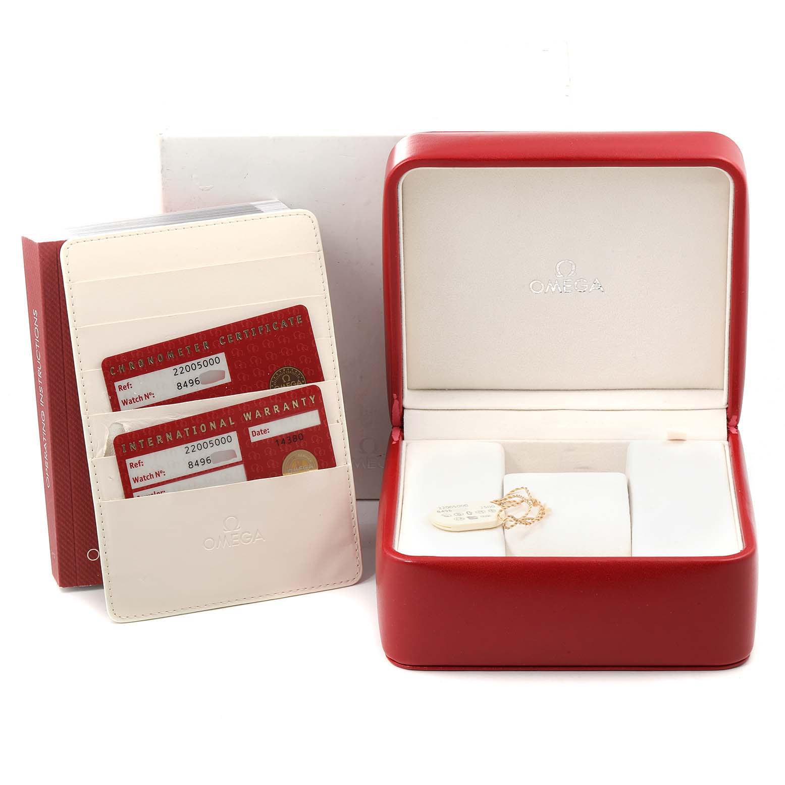 The image shows an Omega Planet Ocean 2200.50.00 Men
s Stainless Steel Black Dial 2200.50.00 Men
s Stainless Steel Black Dial watch box, warranties, and cards viewed from the front.