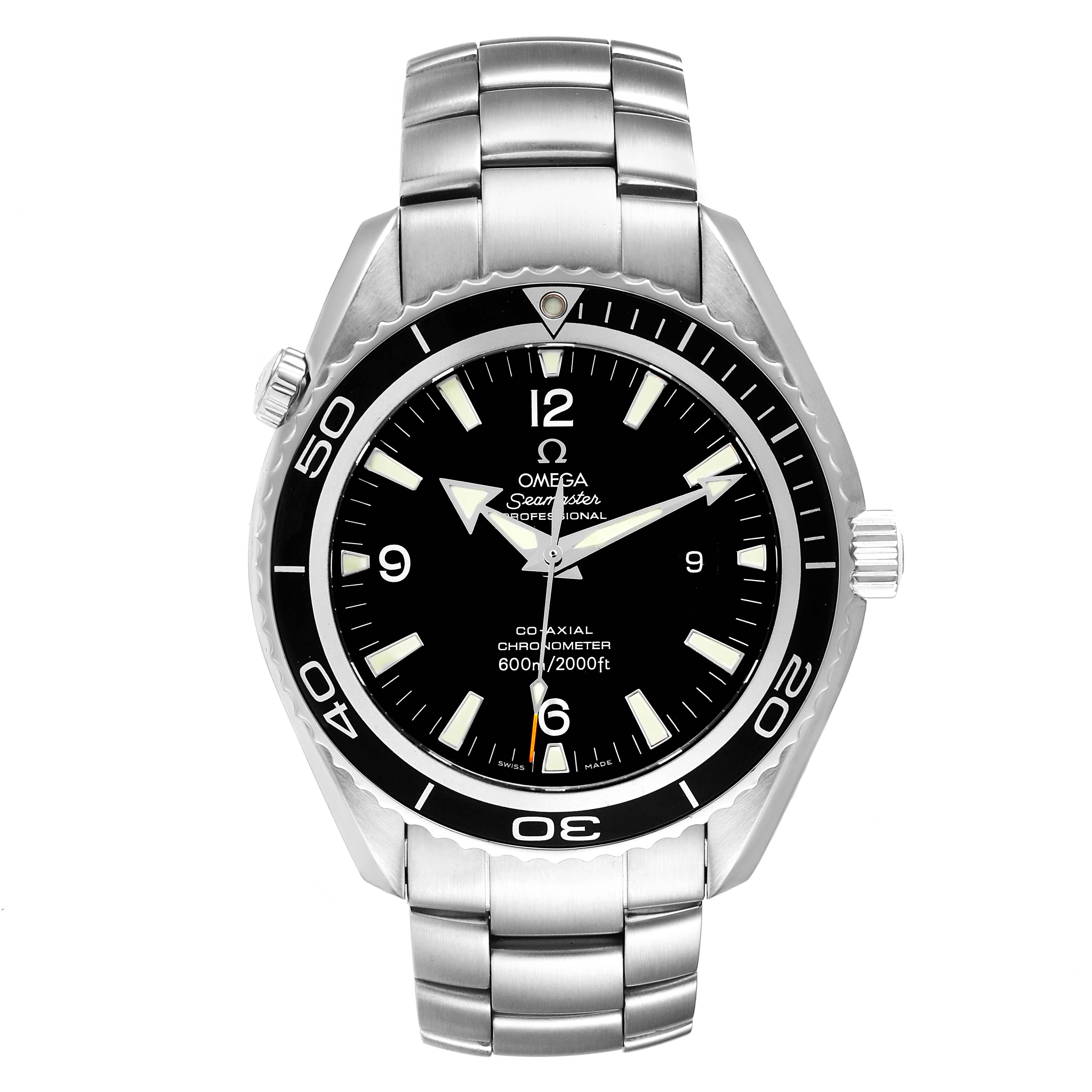 The image shows a front view of the Omega Planet Ocean 2200.50.00 Men
s Stainless Steel Black Dial 2200.50.00 Men
s Stainless Steel Black Dial watch, featuring its face, bezel, and metal bracelet.