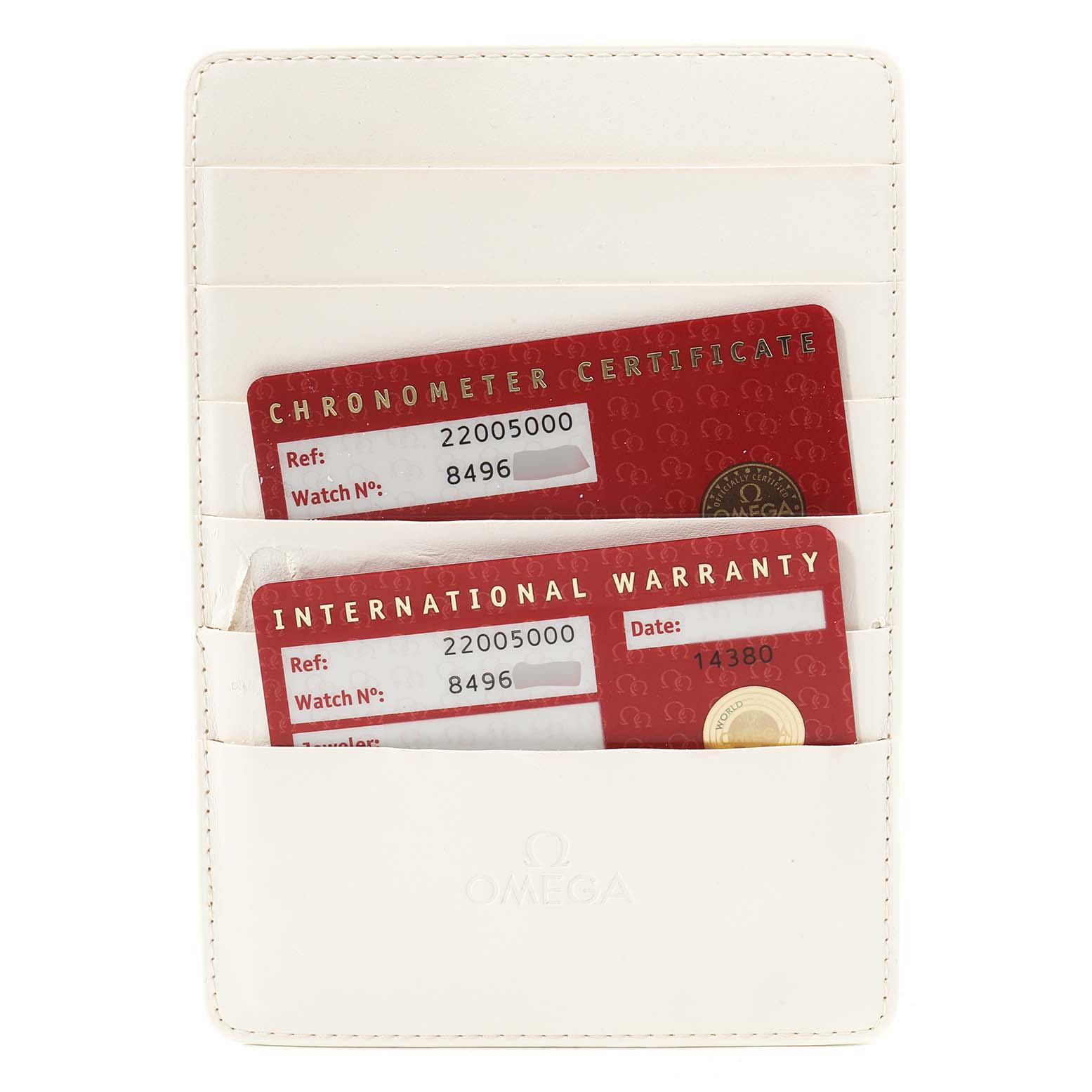 The image shows the Chronometer Certificate and International Warranty card for the Omega Planet Ocean 2200.50.00 Men
s Stainless Steel Black Dial 2200.50.00 Men
s Stainless Steel Black Dial model in a white cardholder.