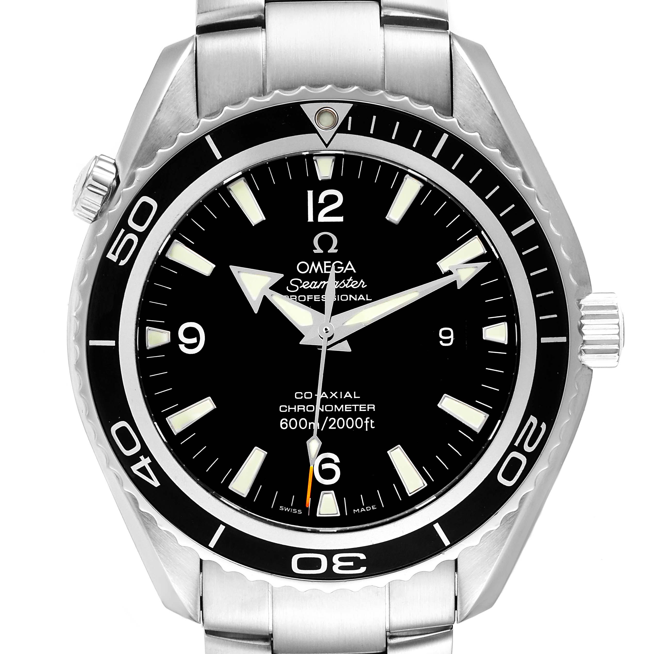 The image shows a front view of the Omega Planet Ocean 2200.50.00 Men
s Stainless Steel Black Dial 2200.50.00 Men
s Stainless Steel Black Dial model watch, highlighting its bezel, dial, hour markers, and stainless steel bracelet.