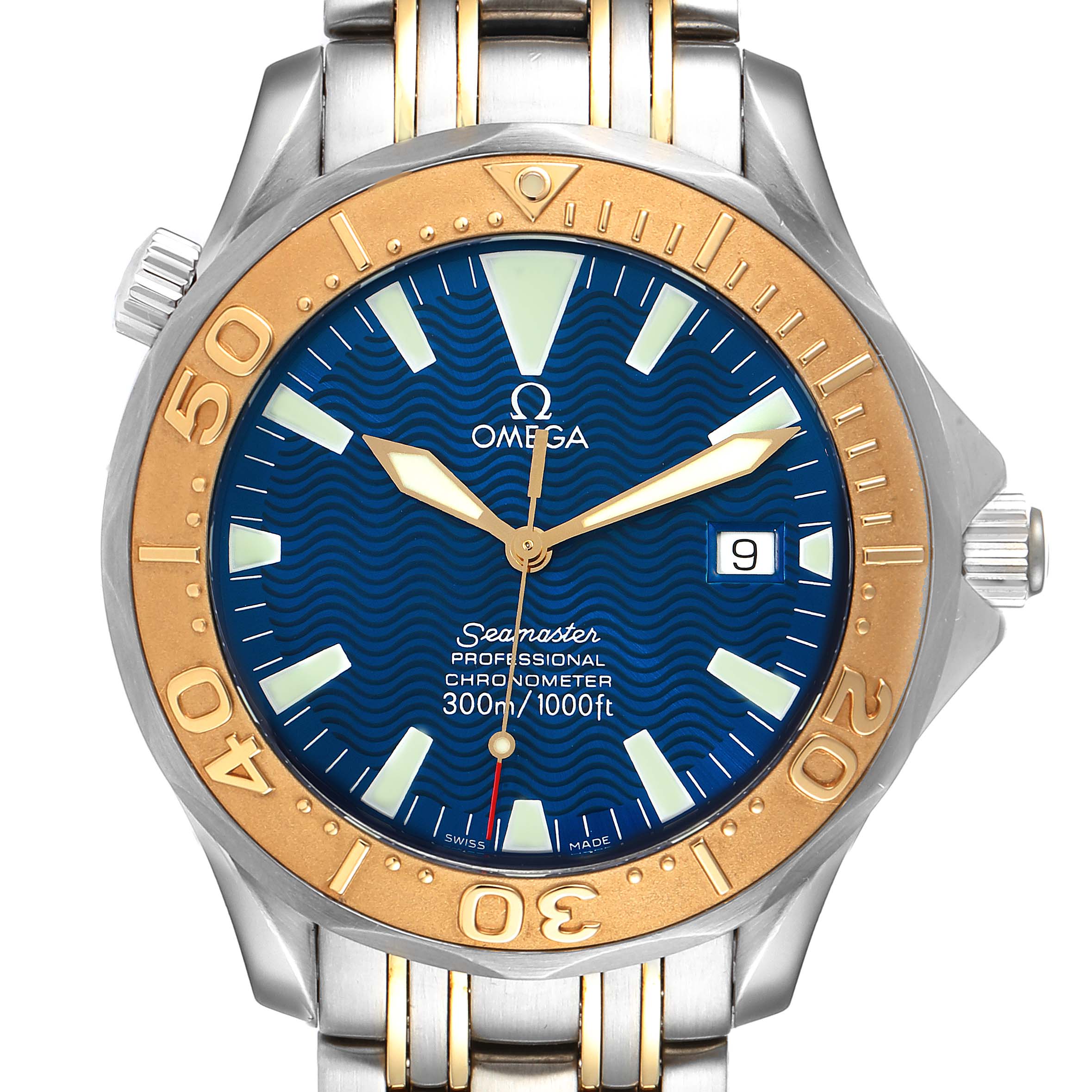 The image shows a front view of an Omega Seamaster 2455.80.00 Men's Steel and Gold (two tone) Blue Dial 2455.80.00 Men's Steel and Gold (two tone) Blue Dial watch, highlighting its face, bezel, and part of the metal bracelet.