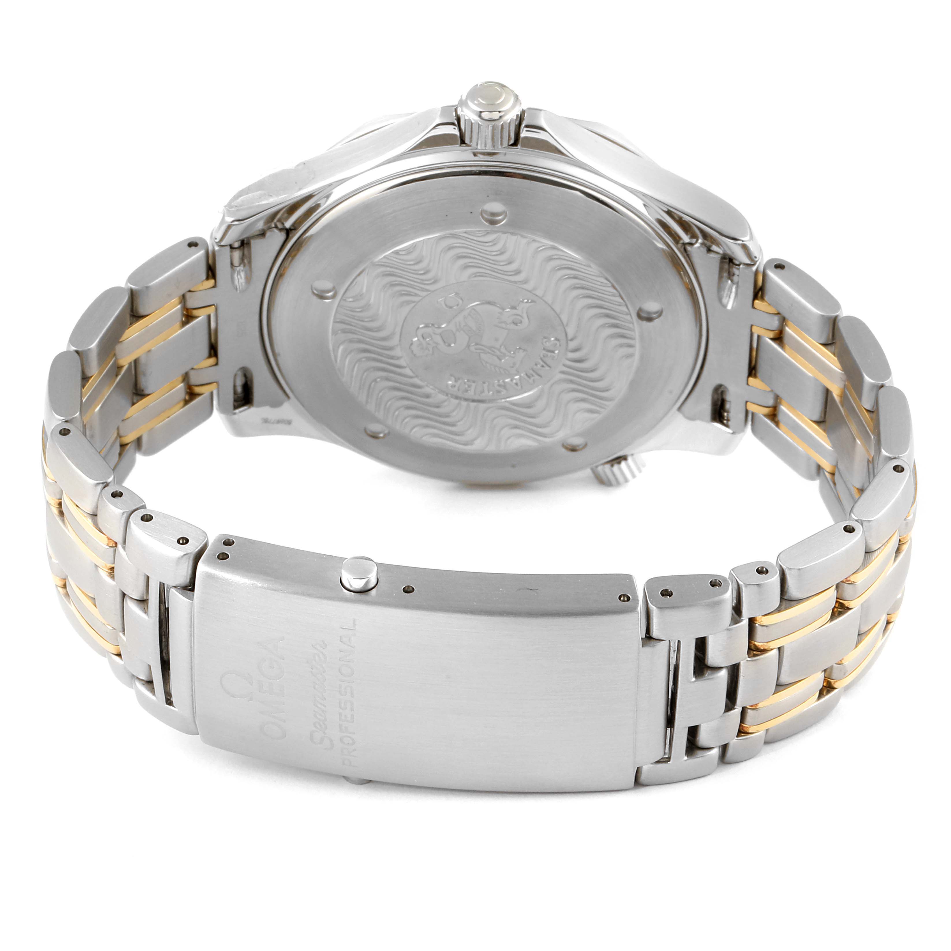 The image shows the back view of an Omega Seamaster 2455.80.00 Men's Steel and Gold (two tone) Blue Dial 2455.80.00 Men's Steel and Gold (two tone) Blue Dial watch, highlighting the case back and the metal bracelet clasp.