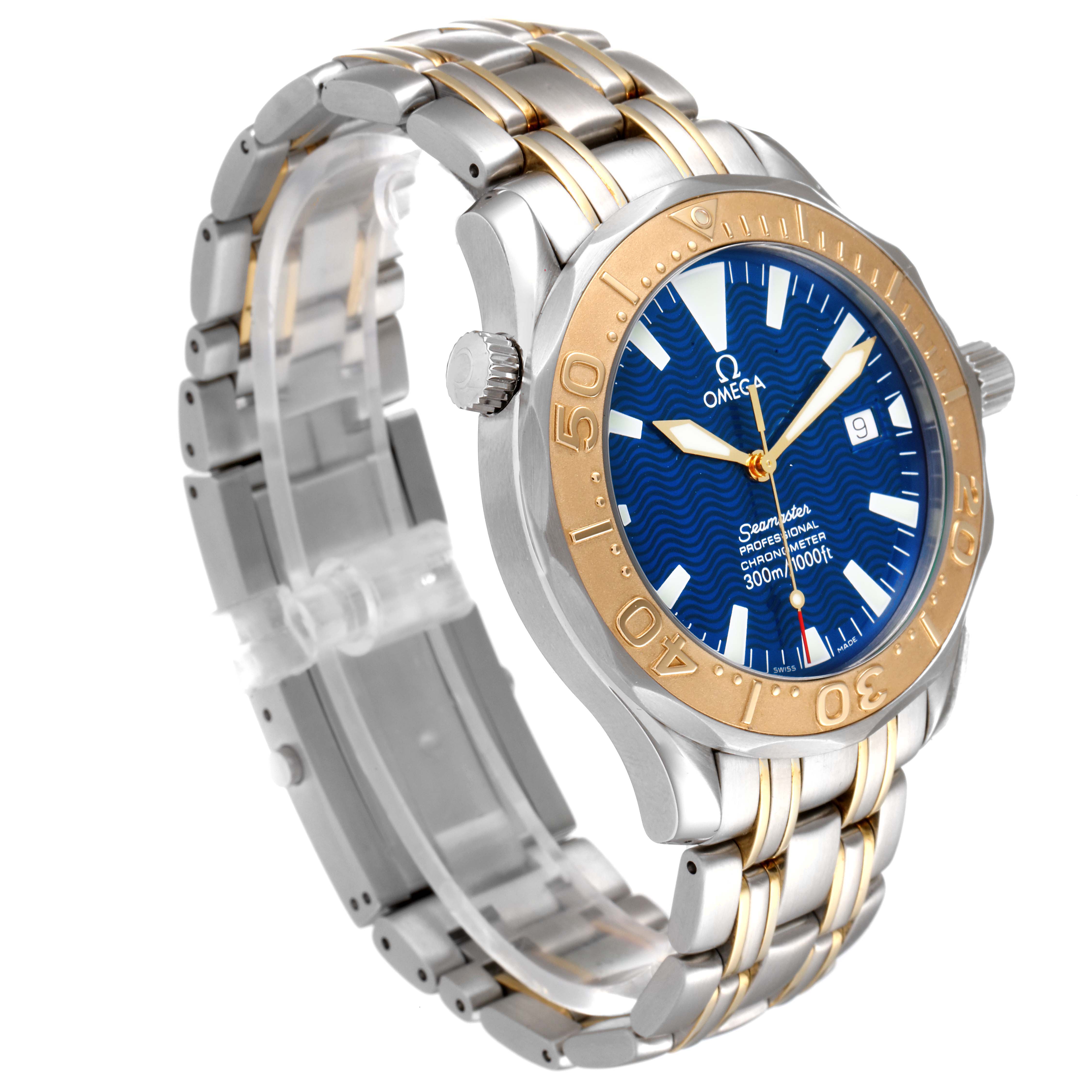 The Omega Seamaster 2455.80.00 Men's Steel and Gold (two tone) Blue Dial 2455.80.00 Men's Steel and Gold (two tone) Blue Dial watch is shown at a slight side angle, highlighting its face, bezel, crown, and bracelet.