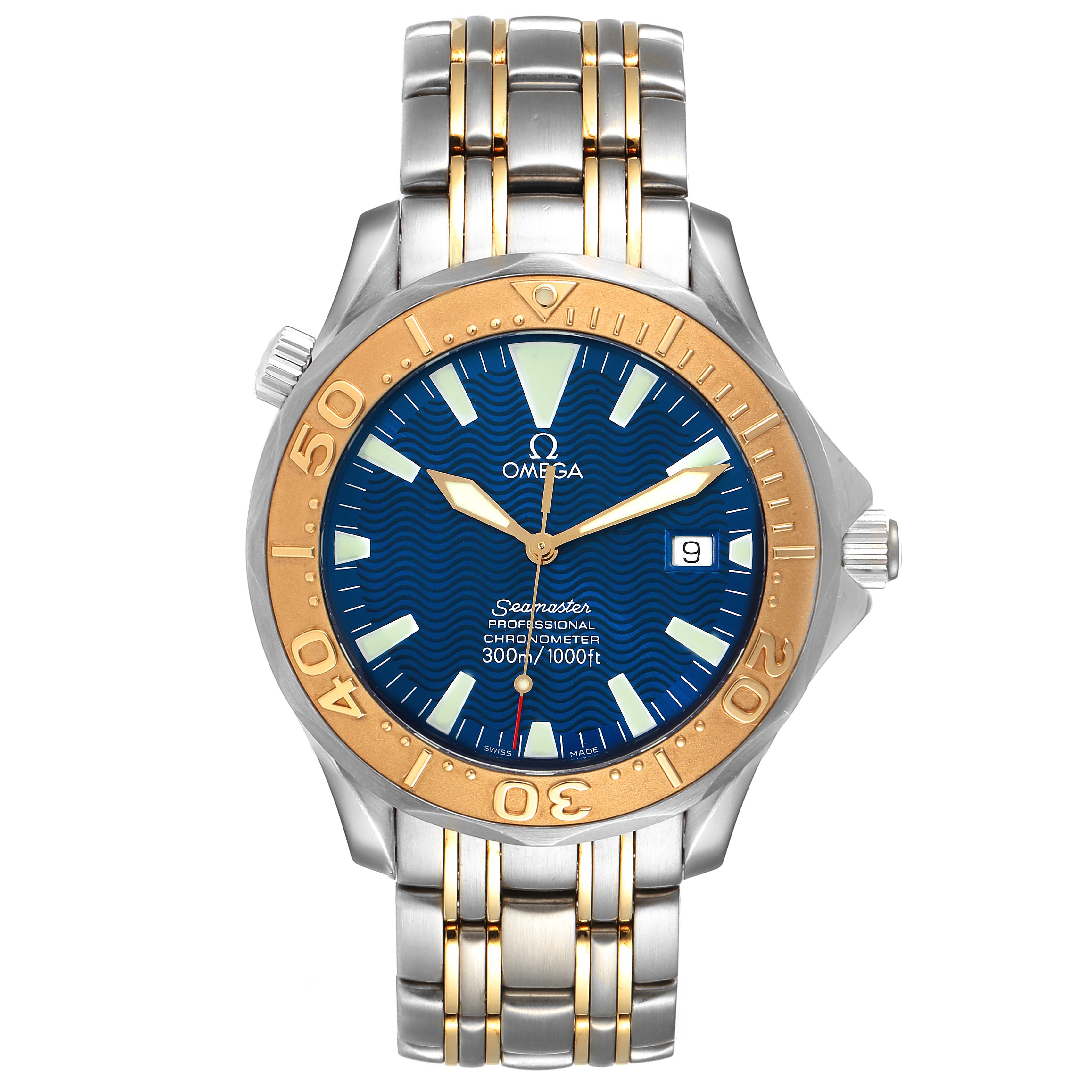 The image shows a front view of an Omega Seamaster 2455.80.00 Men's Steel and Gold (two tone) Blue Dial 2455.80.00 Men's Steel and Gold (two tone) Blue Dial watch, highlighting its face, bezel, and metal bracelet.
