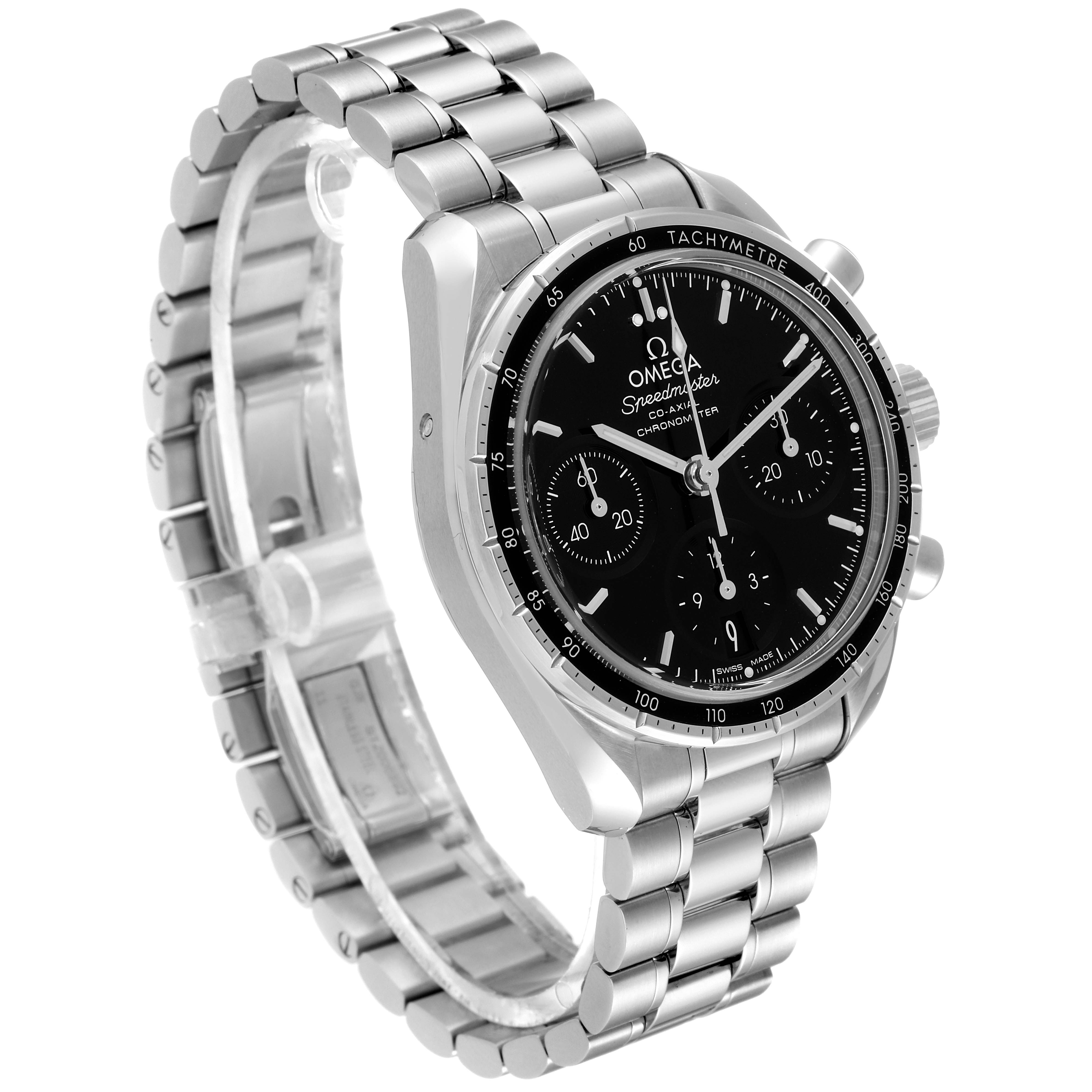 The image shows an angled view of an Omega Speedmaster 324.30.38.50.01.001 Men
s Stainless Steel Black Dial 324.30.38.50.01.001 Men
s Stainless Steel Black Dial watch, highlighting the face, bezel, chronograph dials, and metal bracelet.