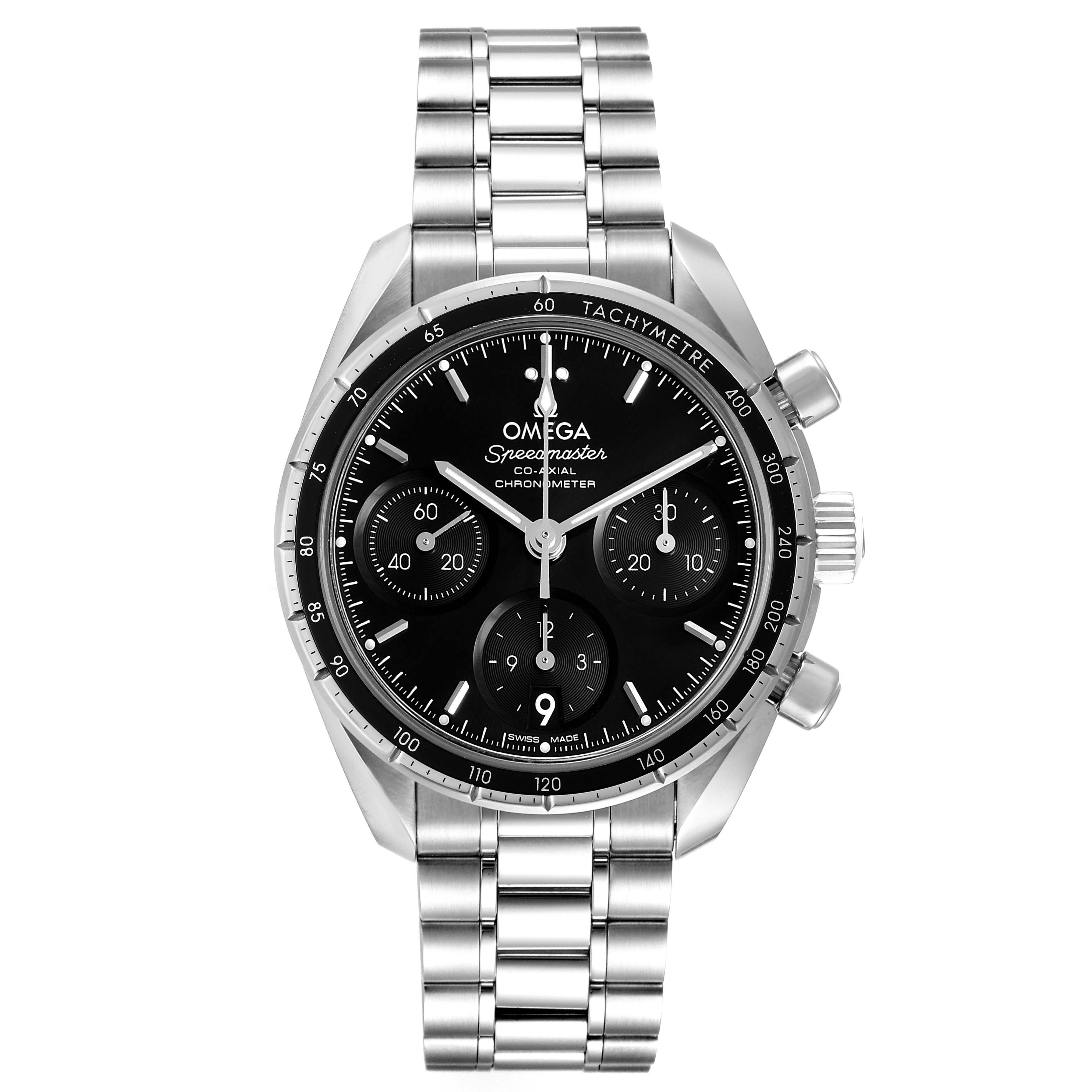 The Omega Speedmaster 324.30.38.50.01.001 Men
s Stainless Steel Black Dial 324.30.38.50.01.001 Men
s Stainless Steel Black Dial watch is shown from a front angle, displaying its dial, chronograph subdials, and metal bracelet.