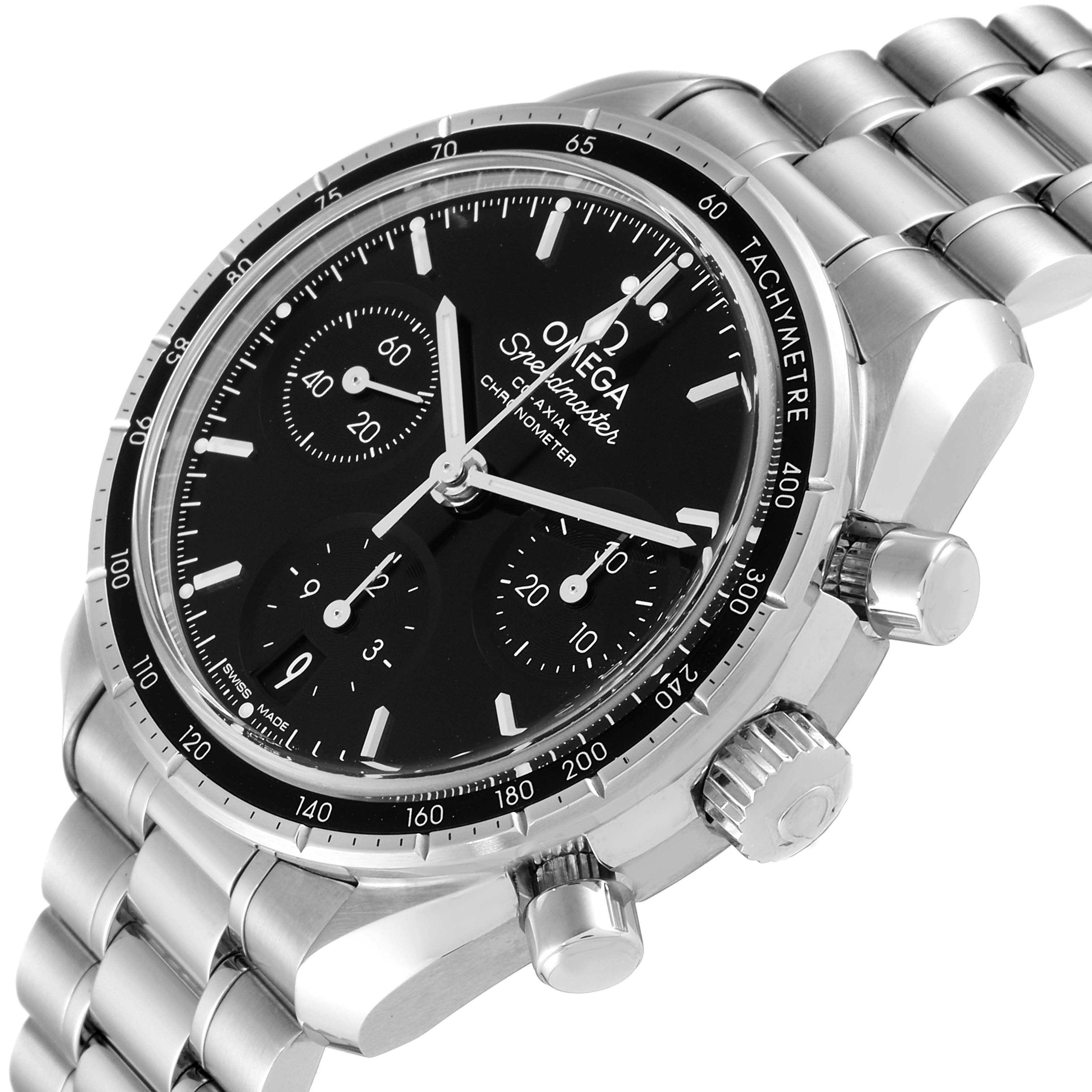 The image shows an angled view of an Omega Speedmaster 324.30.38.50.01.001 Men
s Stainless Steel Black Dial 324.30.38.50.01.001 Men
s Stainless Steel Black Dial watch, highlighting its black dial, chronograph subdials, and stainless steel bracelet.